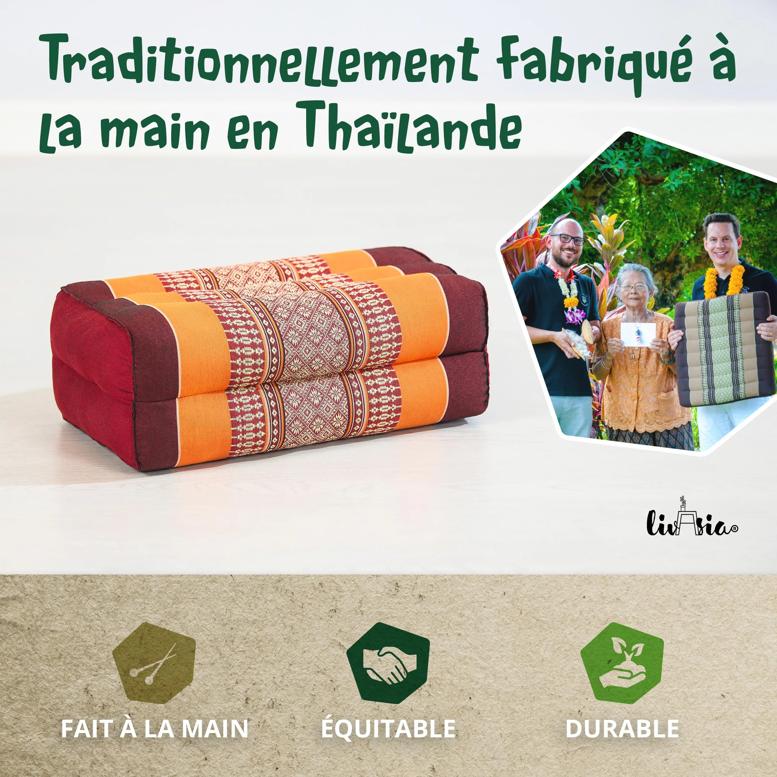Coussin de méditation kapok 17x34x12cm - Coussin yoga carré bloc - Accessoires yoga pilates