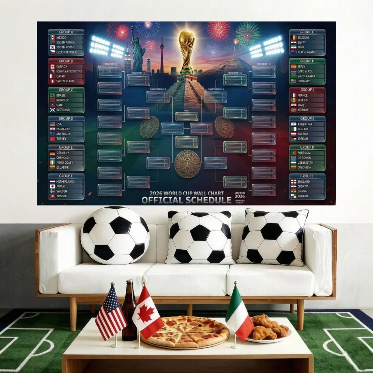 Calendrier Coupe du Monde 2026 Affiche Murale 150x100cm Tableau des Matchs 48 Équipes