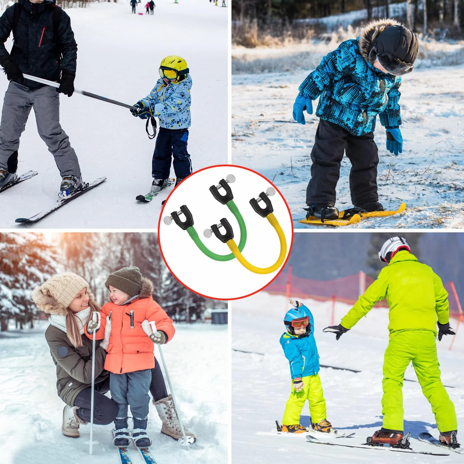 Connecteur de Pointe de Ski pour Enfants Portable Aide Entraînement Ski Accessoires Snowboard Débutants Vert Jaune 2 Pièces