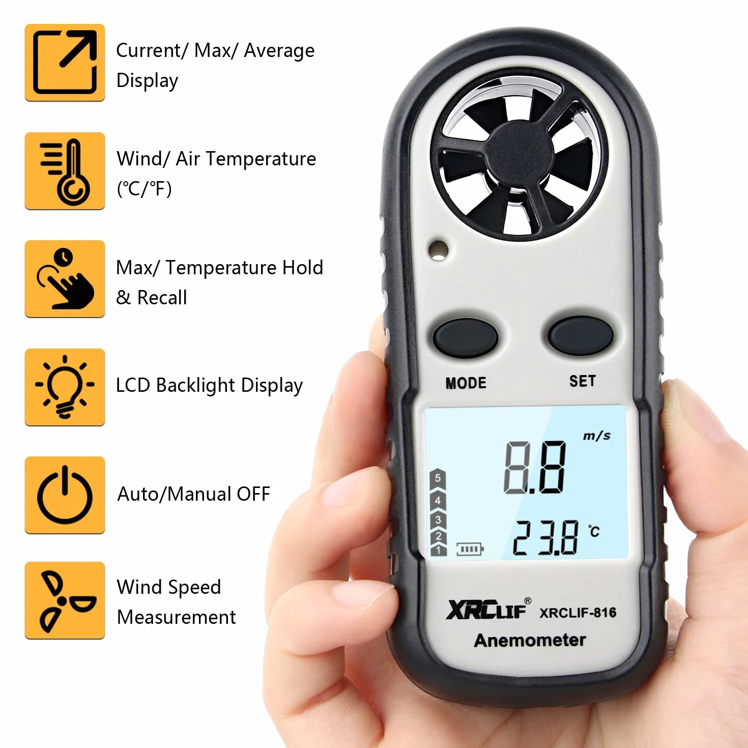 Anémomètre numérique XRCLIF avec rétroéclairage LCD, mesure vitesse vent pour voile surf pêche cerf-volant