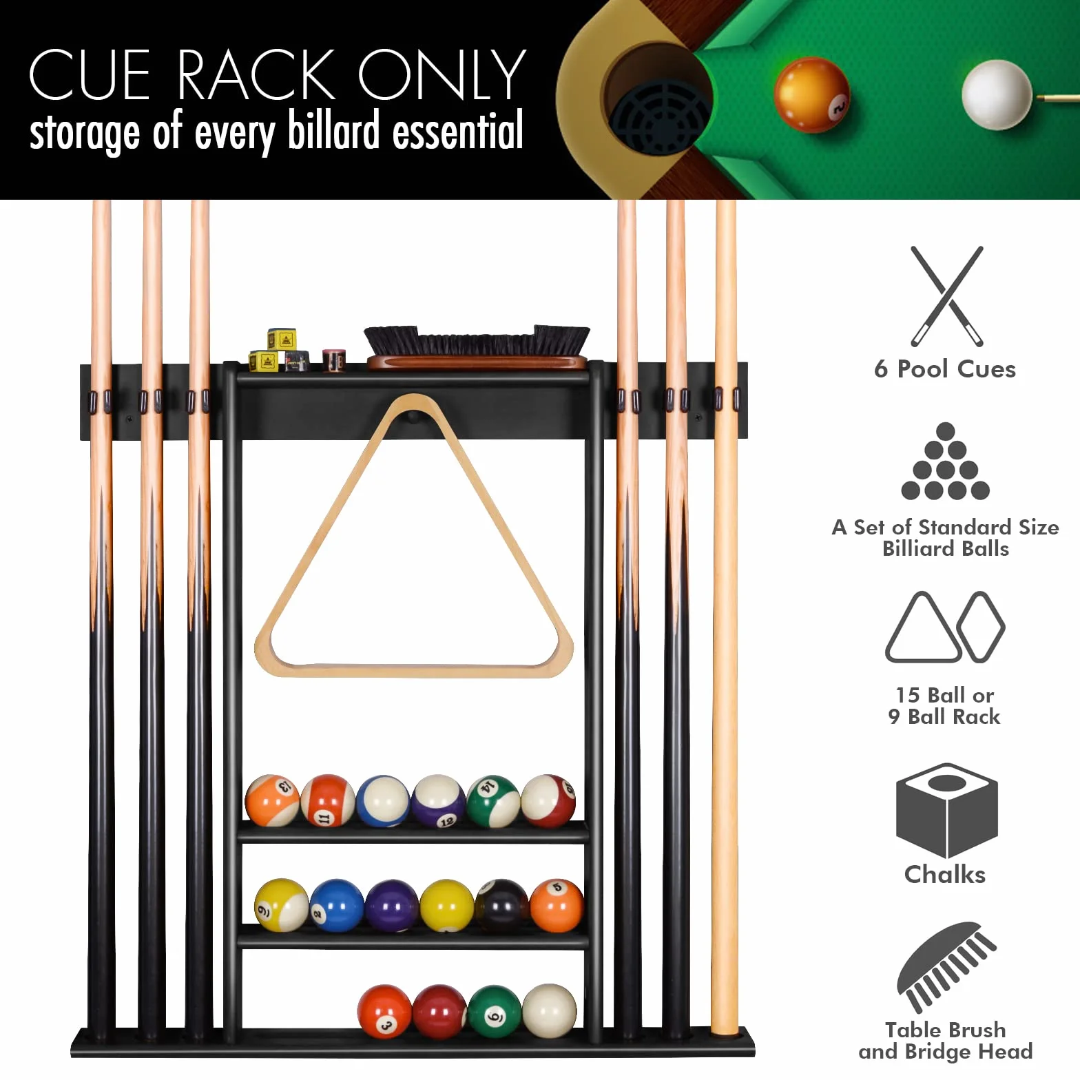 Support de Queue de Billard Mural Bois Massif 6 Trous 15 Porte-balles