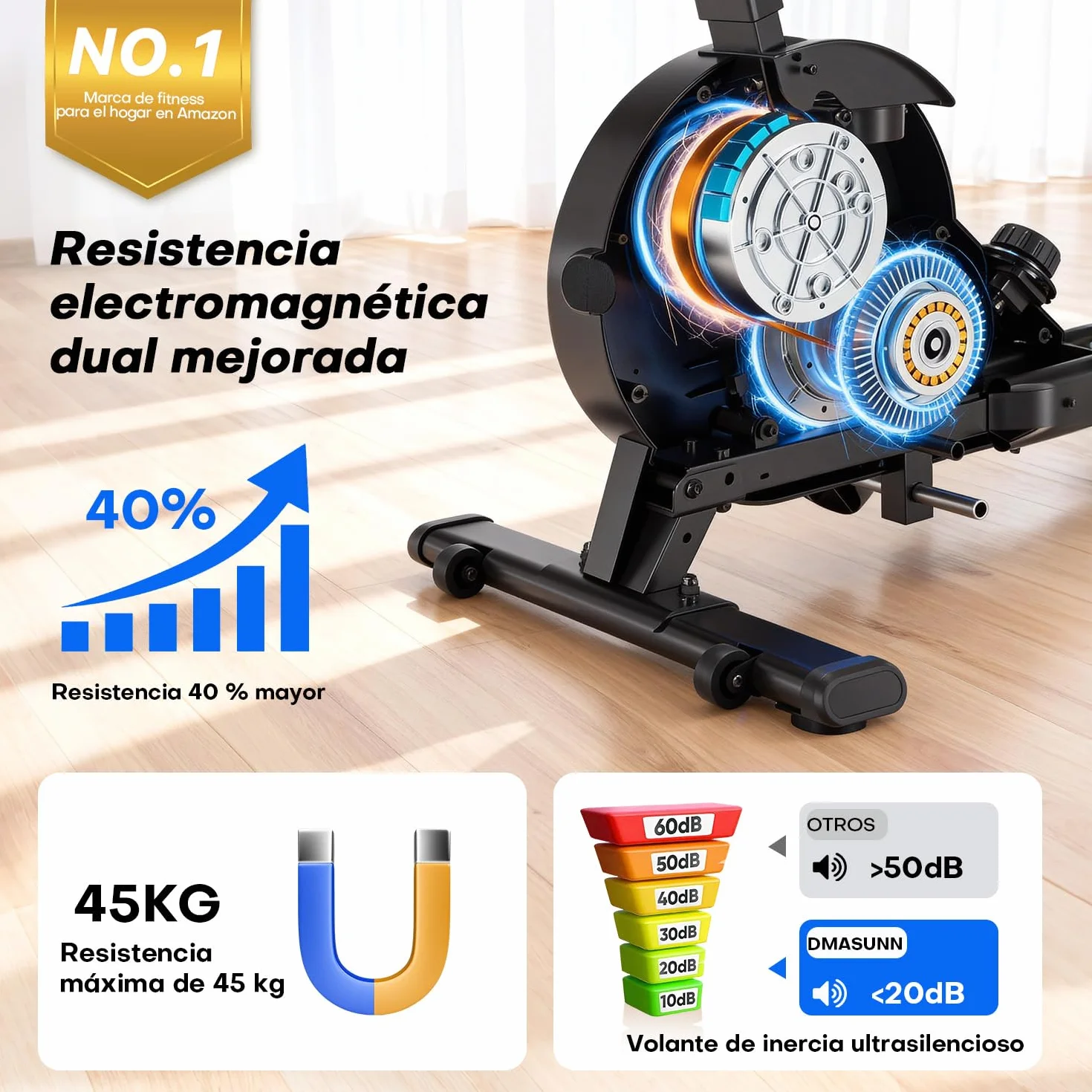 DMASUN Rameur Musculation d'Appartement 16/32 Niveaux Résistance Magnétique Double Rails Capacité 160 kg