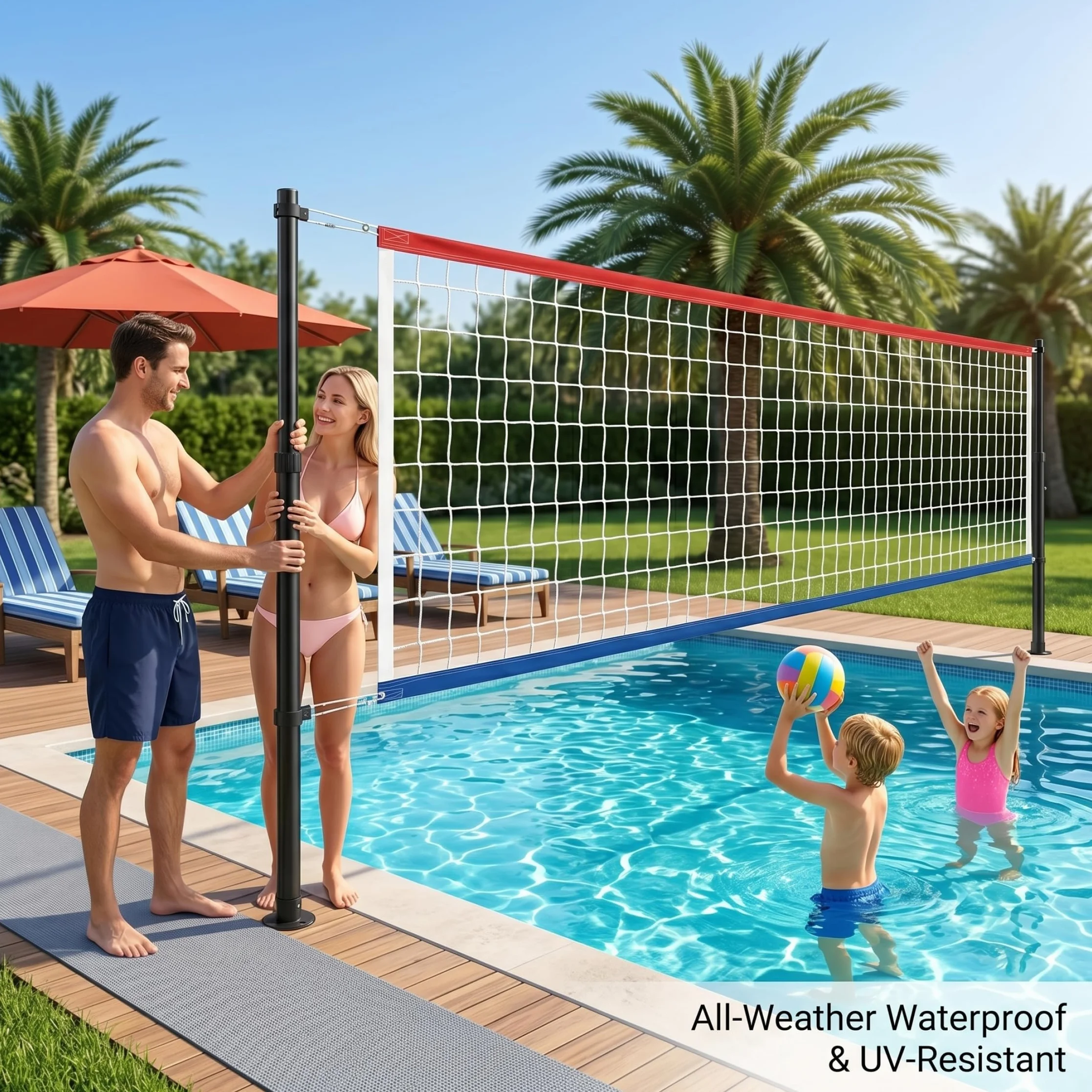 Filet de Volley-Ball pour Piscine réglable 15 à 28 Pieds, imperméable Toutes Saisons, Cadre Ultra-épais