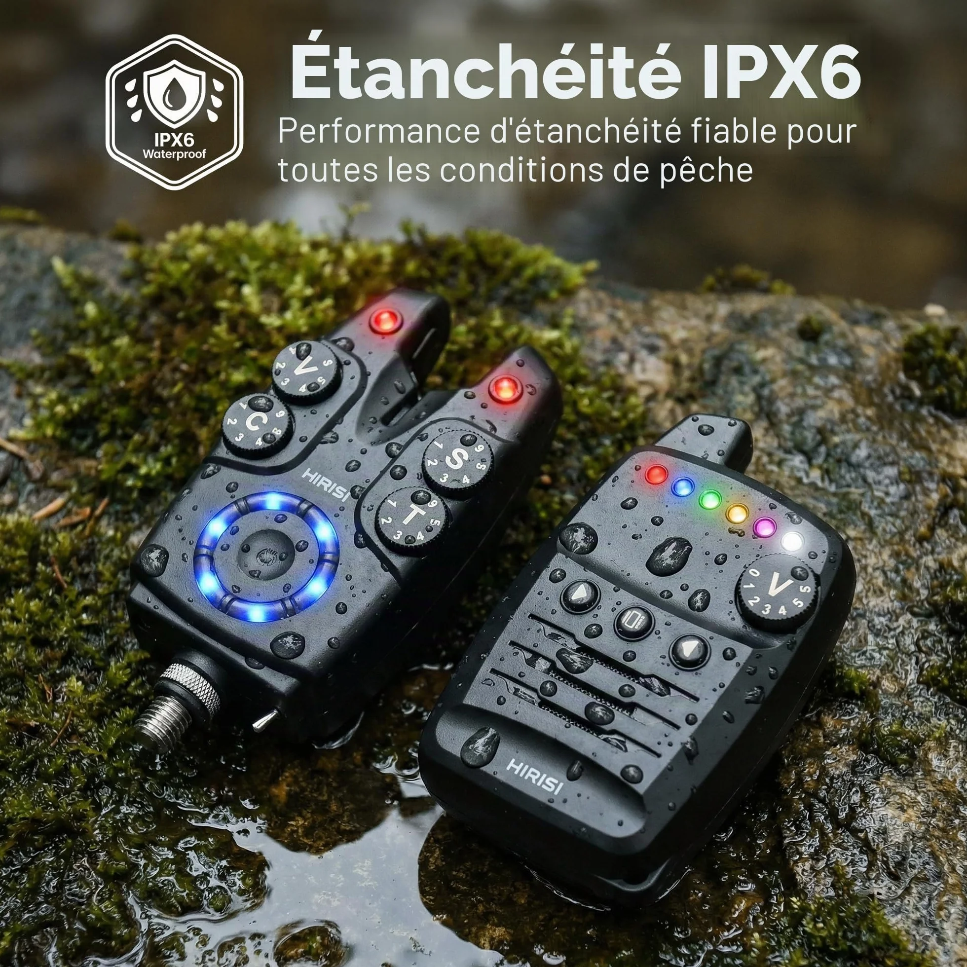 Hirisi Tackle Lot de détecteurs de touche pour carpe avec télécommande sans fil, 6 couleurs réglables, sensibilité, volume et son, cordon inclus