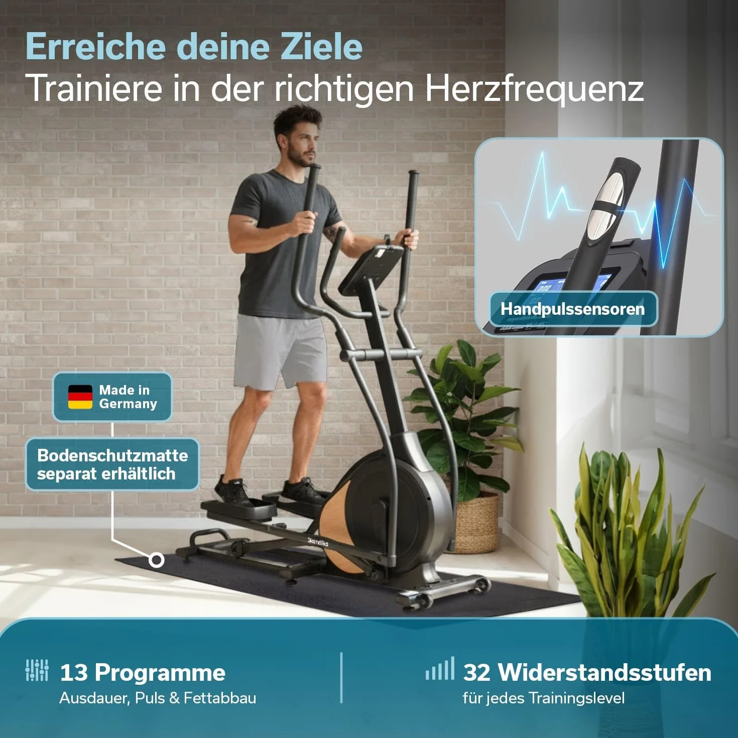 Skandika Vélo elliptique Carbon P18, 32 Niveaux de résistance, 13 programmes, écran LCD, Max 135KG