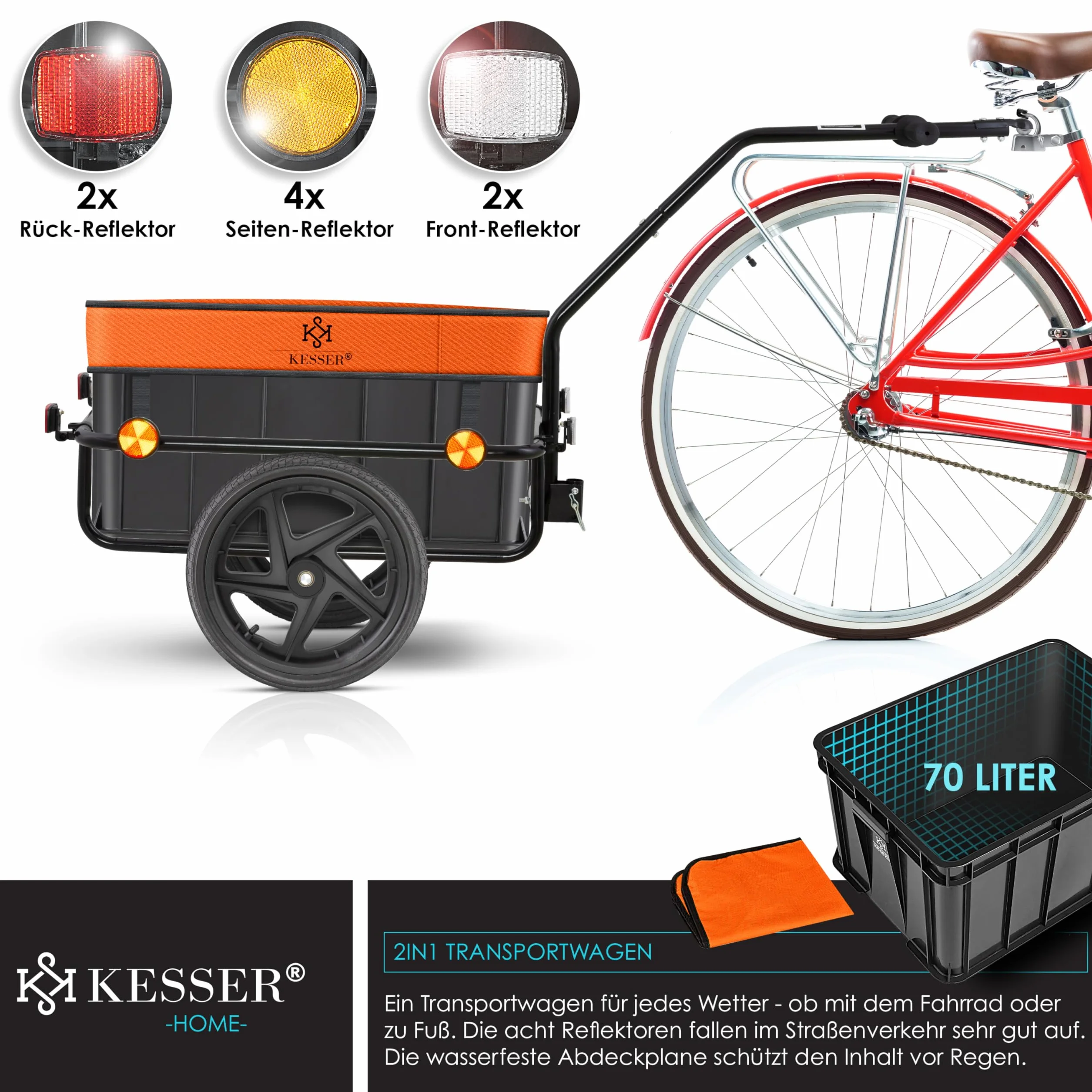 KESSER® Remorque Vélo Chariot Transport 70L 60kg