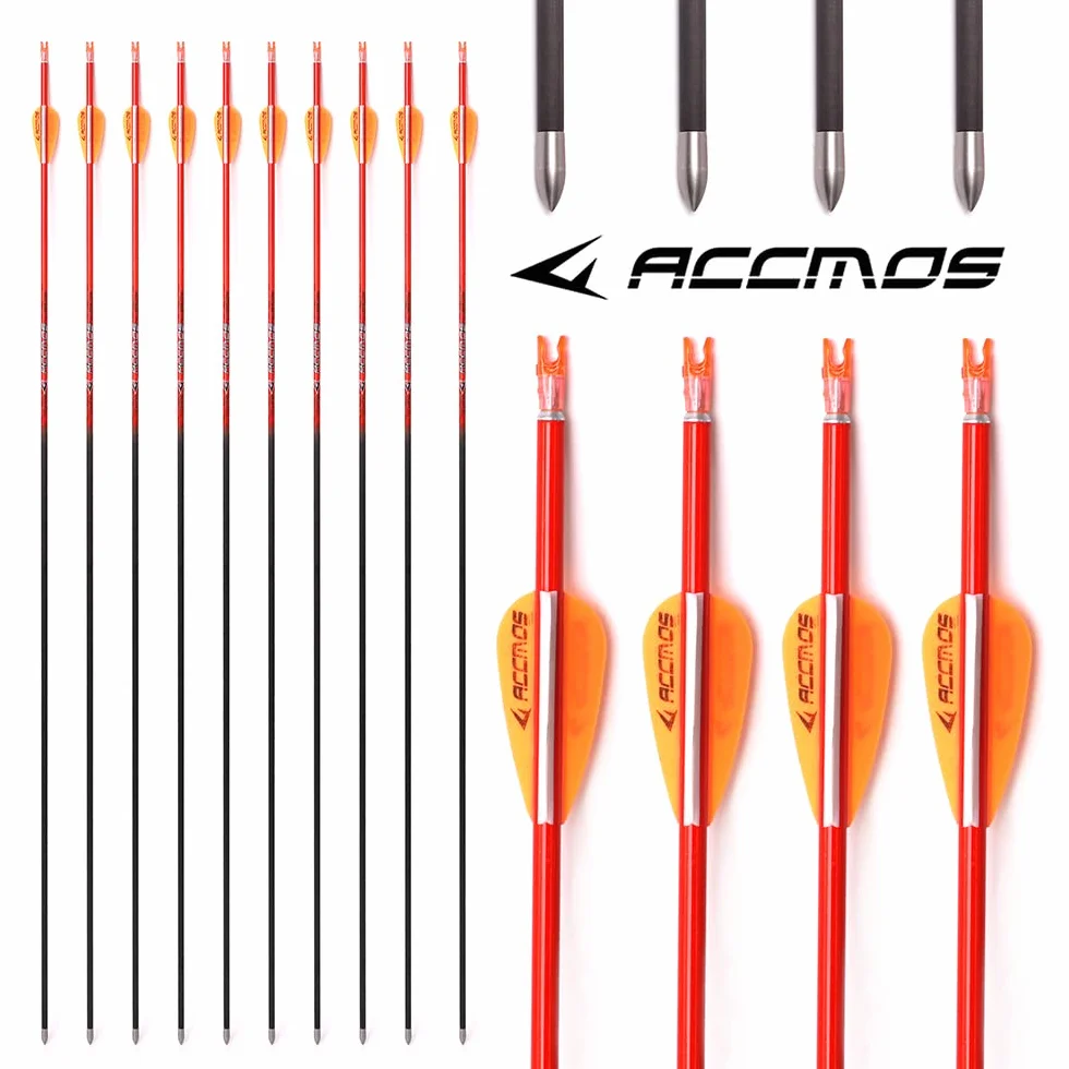 ACCMOS 12pcs Flèche Carbone pour Arc à Poulies 15-80 LB Diamètre Intérieur 4.2mm Spine 400-1000 22-32 Pouces