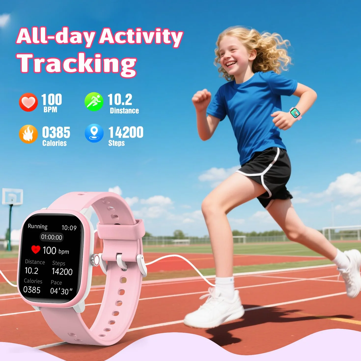 Fikami Montre Intelligente Enfants 1,83" Fitness Tracker Sport Fréquence Cardiaque Compteur Pas 16 Jeux 6-16 Ans