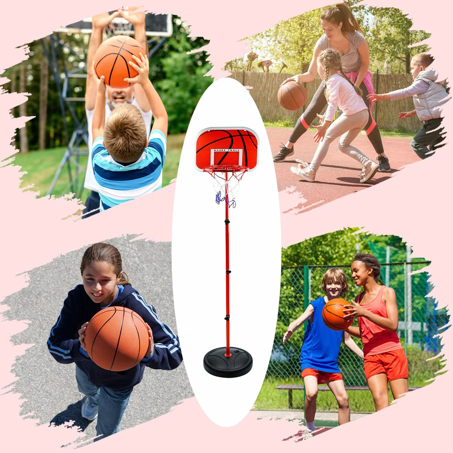 AolKee Panier Basket Enfant Portable 50-150cm Réglable Intérieur Extérieur avec 3 Balles Filet Pompe