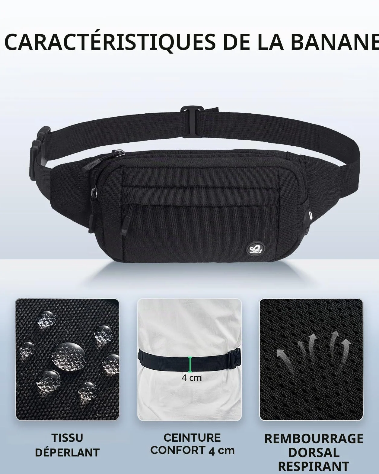 Waterfly Sac Banane Homme Femme Étanche Unisexe Petite Sacoche de Sport Ceinture Randonnée Cyclisme Ville Noir