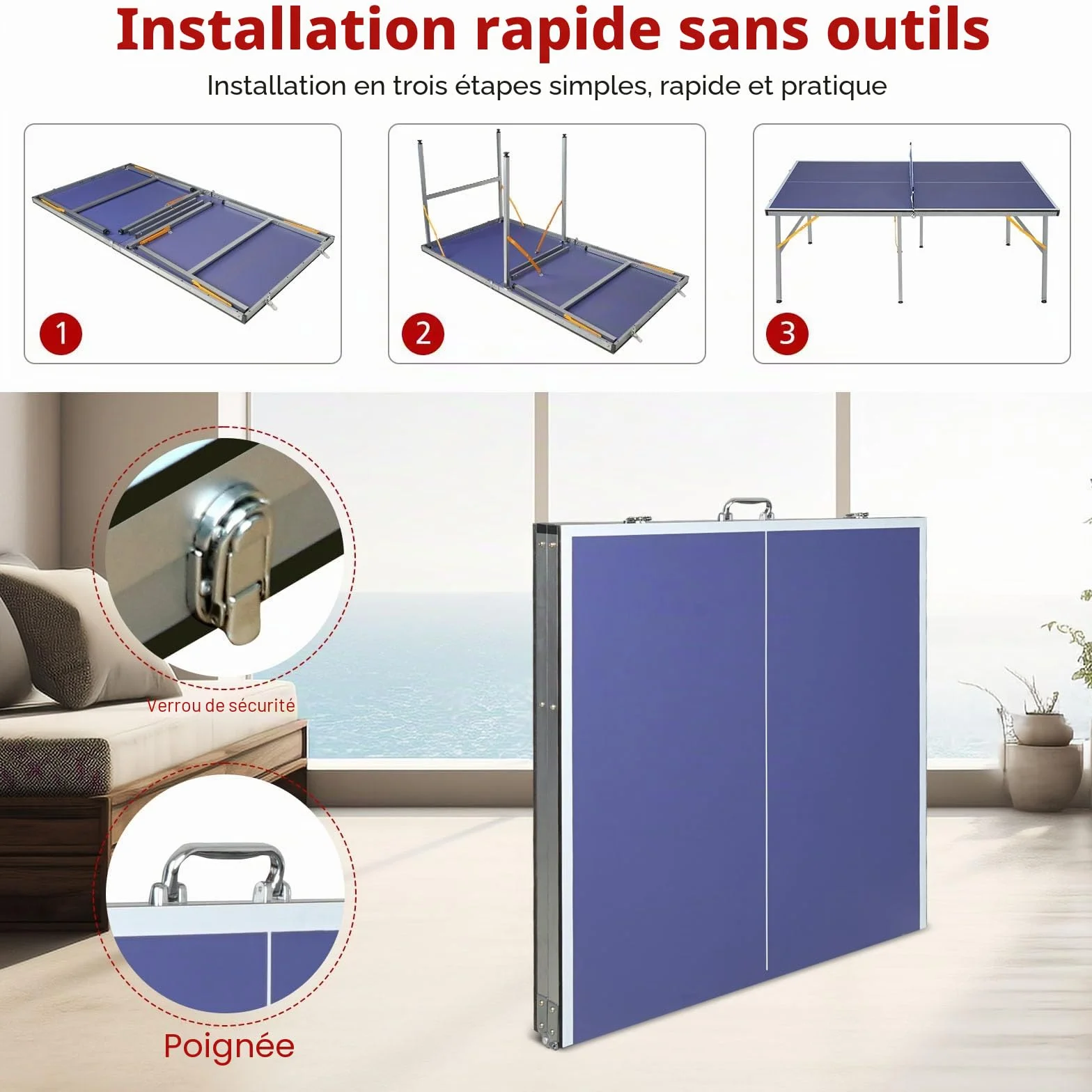Tables de tennis de table de taille moyenne pour l'intérieur et l'extérieur, pliables et portables avec filet, 2 raquettes de tennis de table et 3 balles