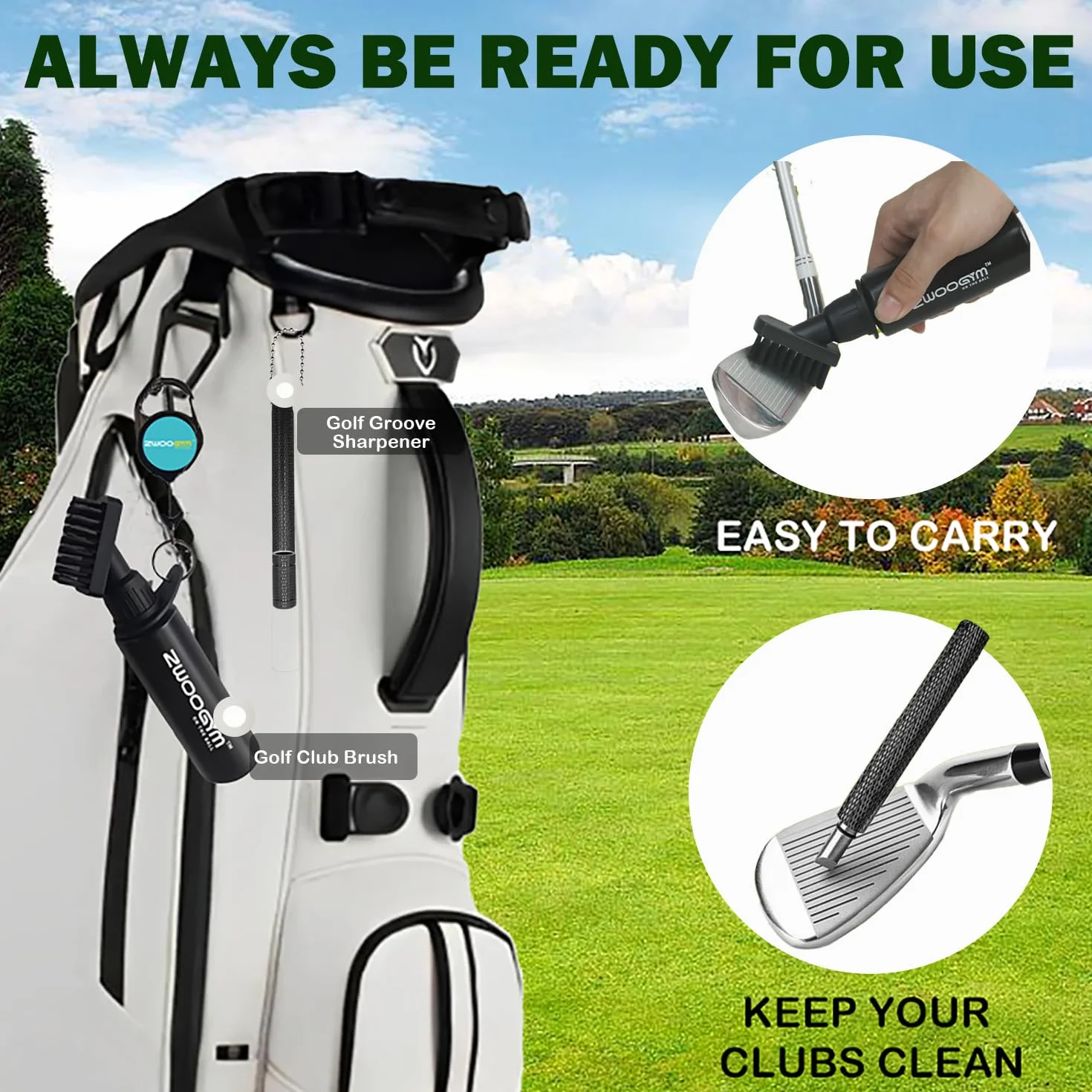 Pro Ensemble de nettoyage pour club de golf, brosse à eau avec clip de maintien et flacon de 4oz, aiguiseur de rainure de golf, convient pour rainures U et V (brosse noire + aiguiseur de