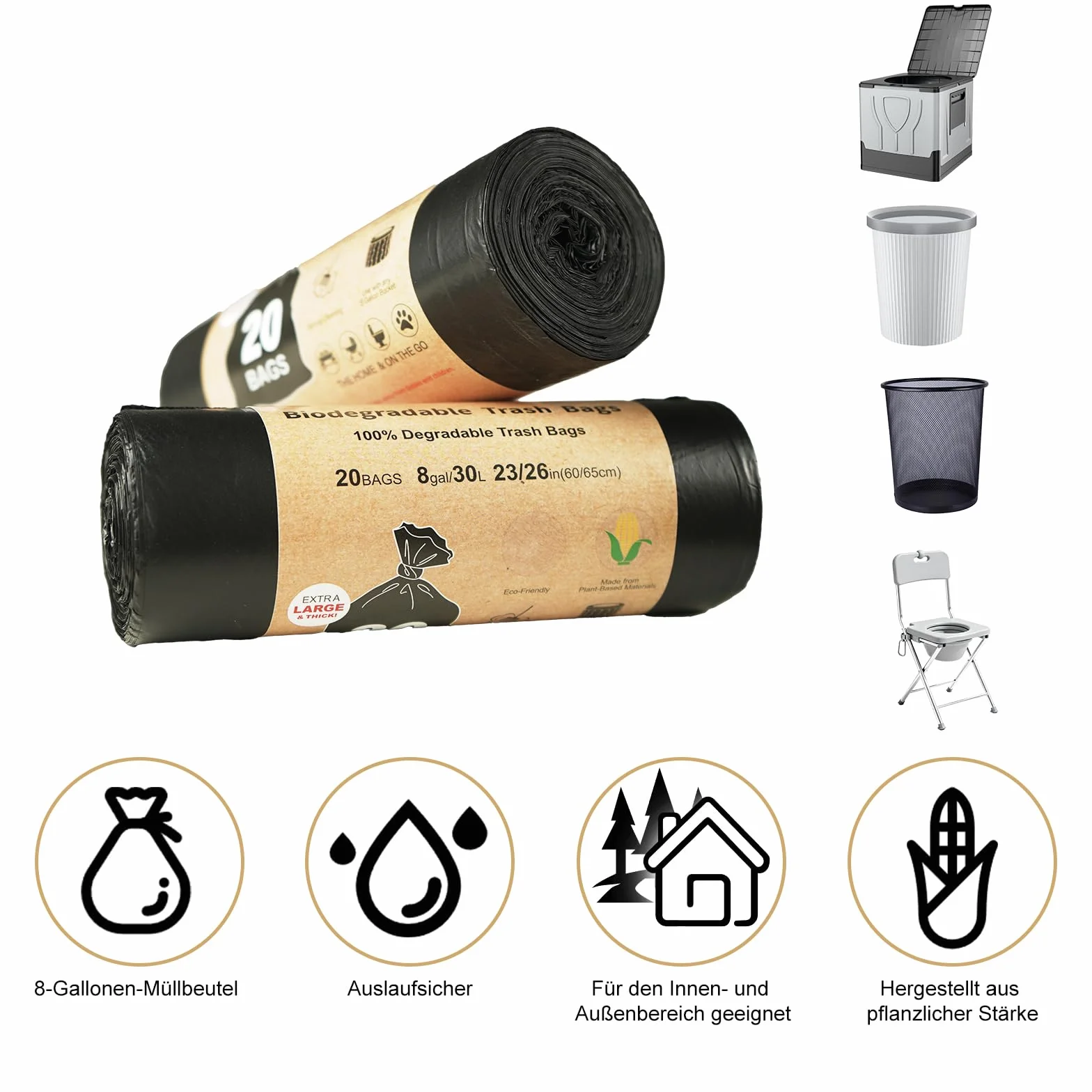Sacs de toilette de camping biodégradables 30 L noirs étanches extra épais lot de 100