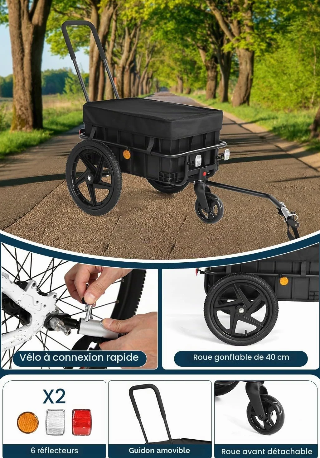 Remorque de vélo 2 en 1 avec barre coulissante, cadre fer robuste, pneus 40 cm, charge 40 kg
