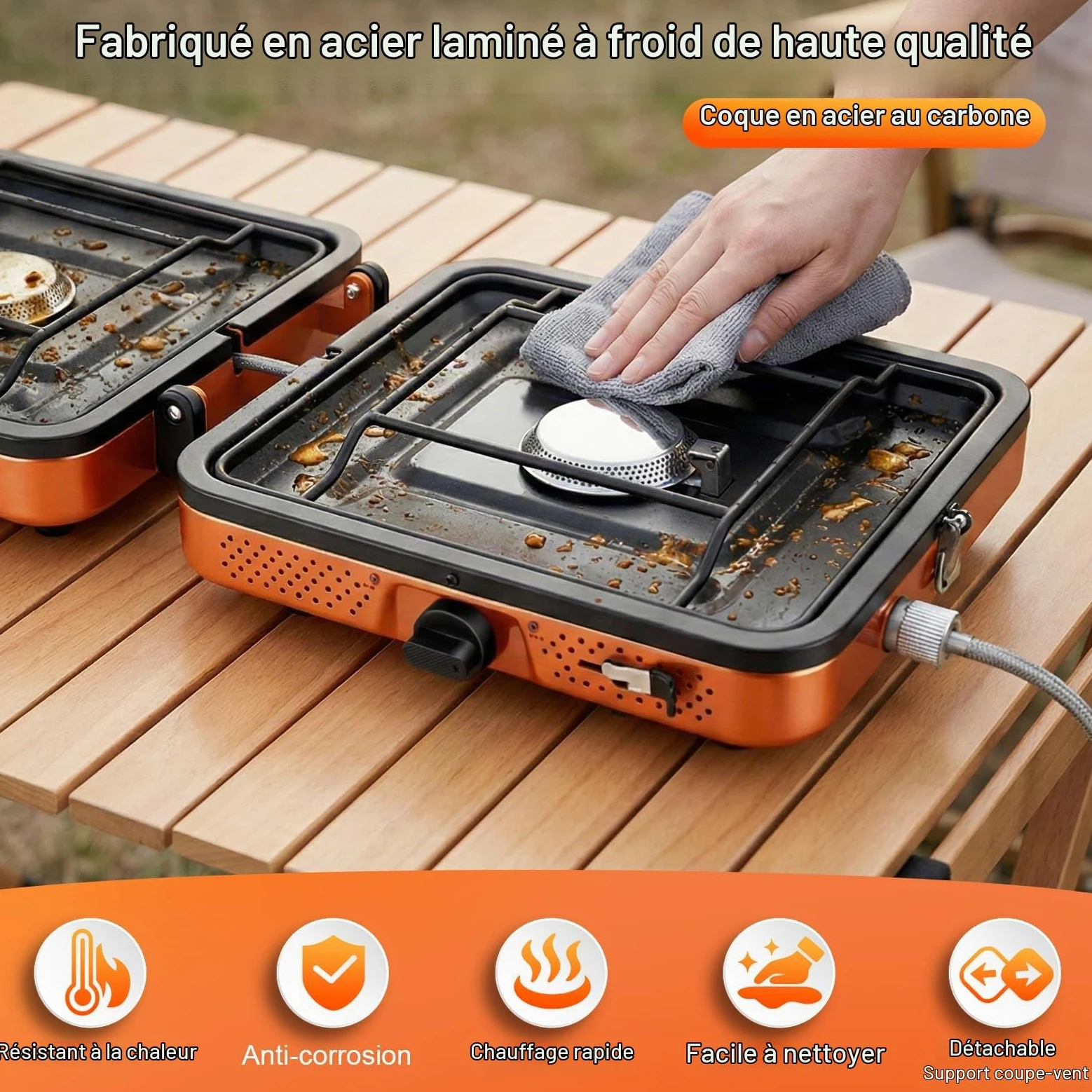 Réchaud de Camping Portable 2 Brûleurs 4400W, Cuisinière à Gaz Puissante pour Cuisson en Extérieur, Réchaud Pliable avec Allumage pour Randonnée Pique-nique Voyage