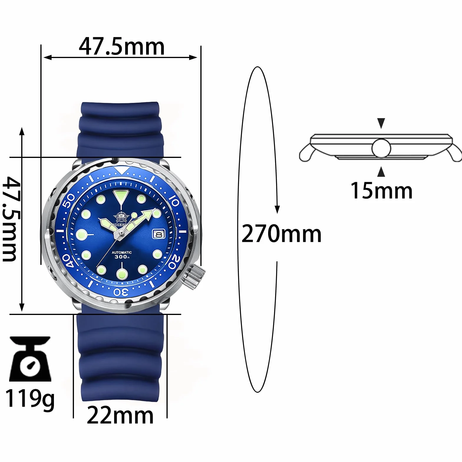 ADDIESDIVE Montre de plongée automatique homme NH35 étanche 300 m saphir cadran suisse lumineux 47,5 mm bleu mécanique