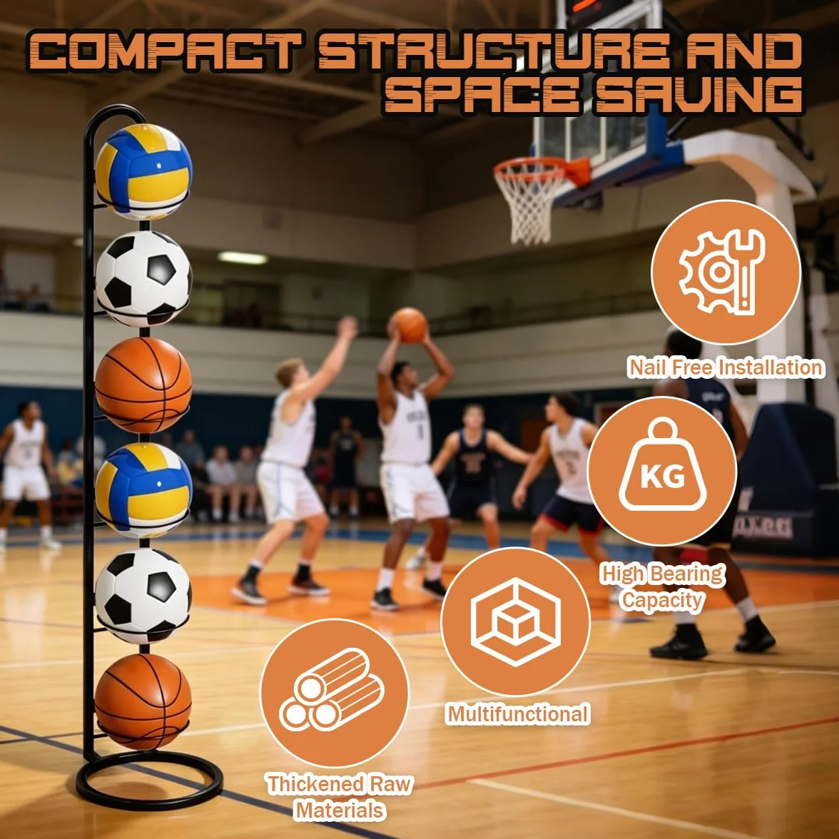 Support Ballon Basket en Métal 6 Niveaux, Rangement Vertical, Porte Ballon Amovible pour Football, Basketball, Volleyball, Rugby