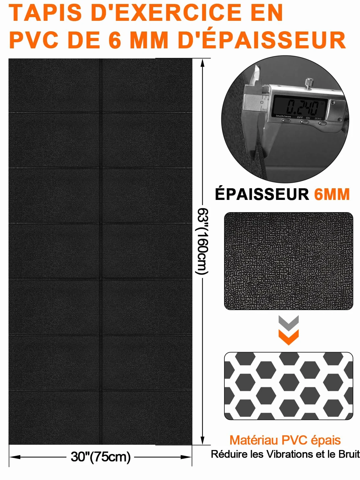 Tapis de protection de sol fitness pliable PVC 160x75 cm 6 mm antidérapant imperméable