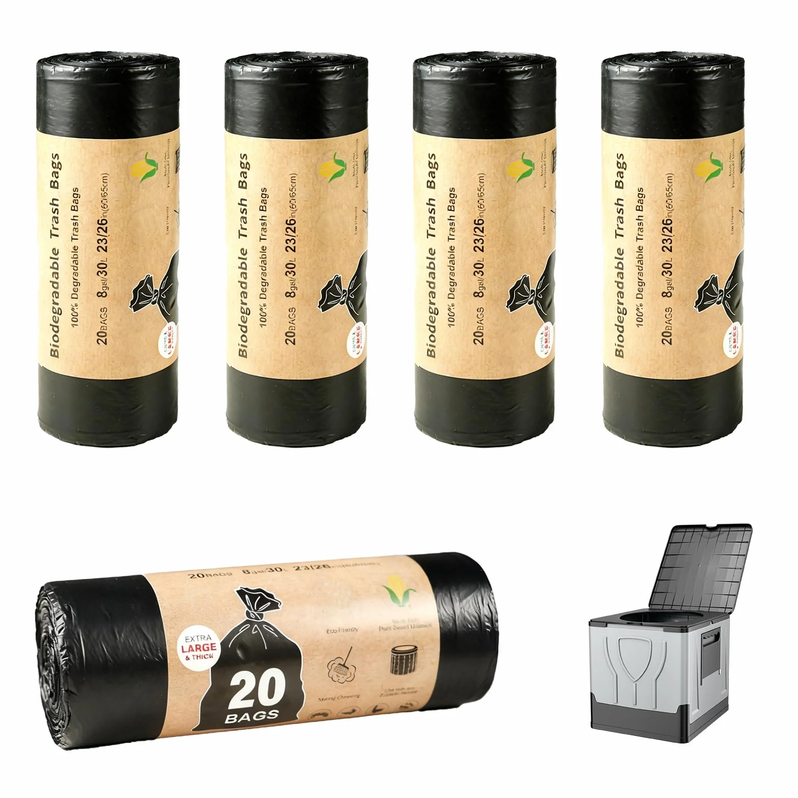 Sacs de toilette de camping biodégradables 30 L noirs étanches extra épais lot de 100