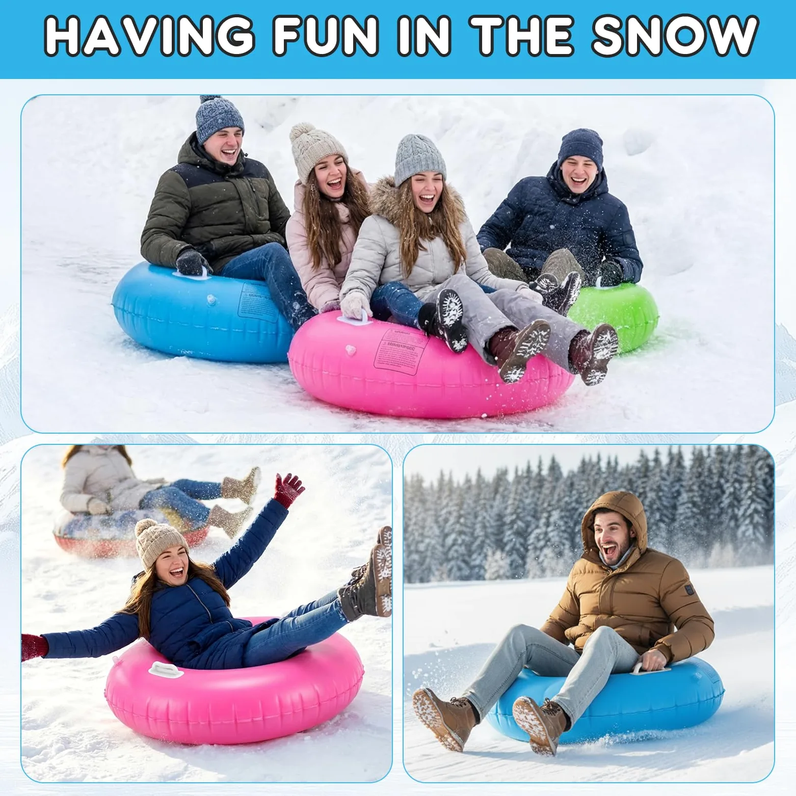 Shappy Lot de 3 luges à neige gonflables robustes pour adultes pour sports de plein air d'hiver avec poignées et fond épais