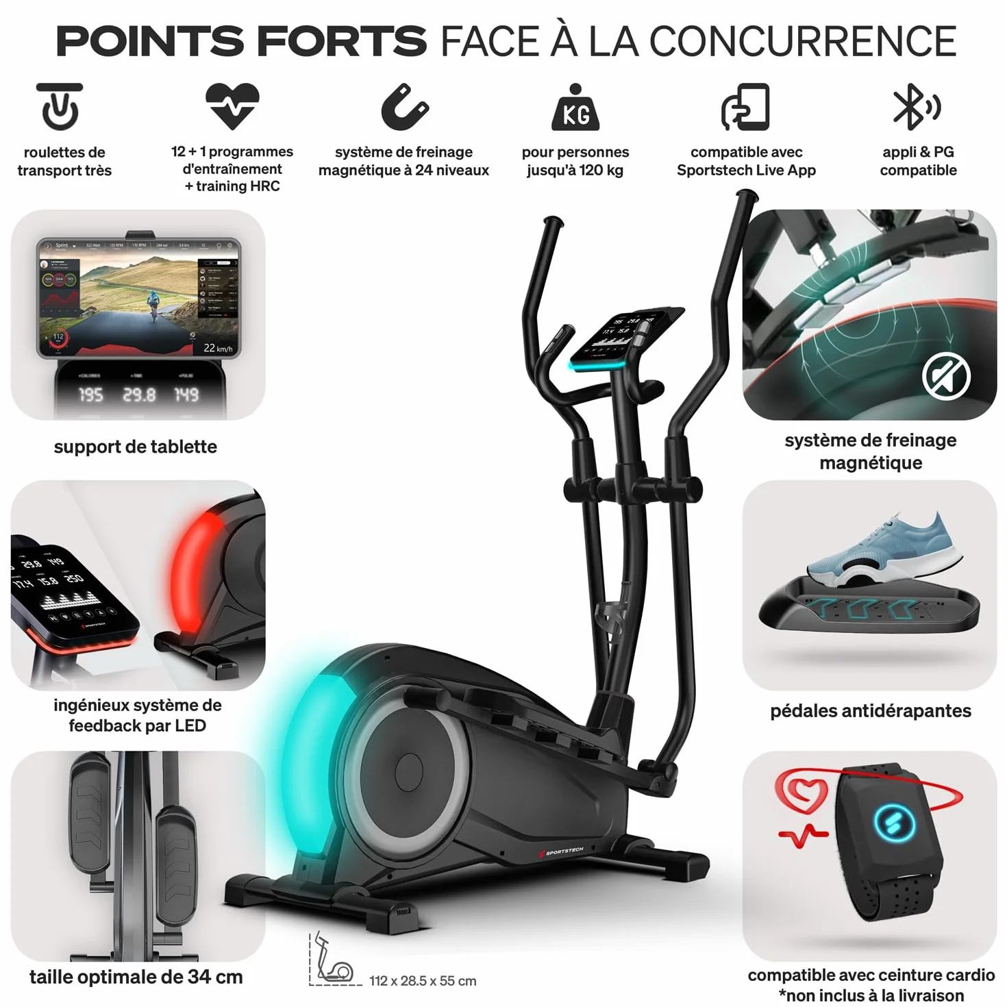 Sportstech CX700 Vélo Elliptique avec Technologie LED, Frein Magnétique 24 kg, 12 Programmes