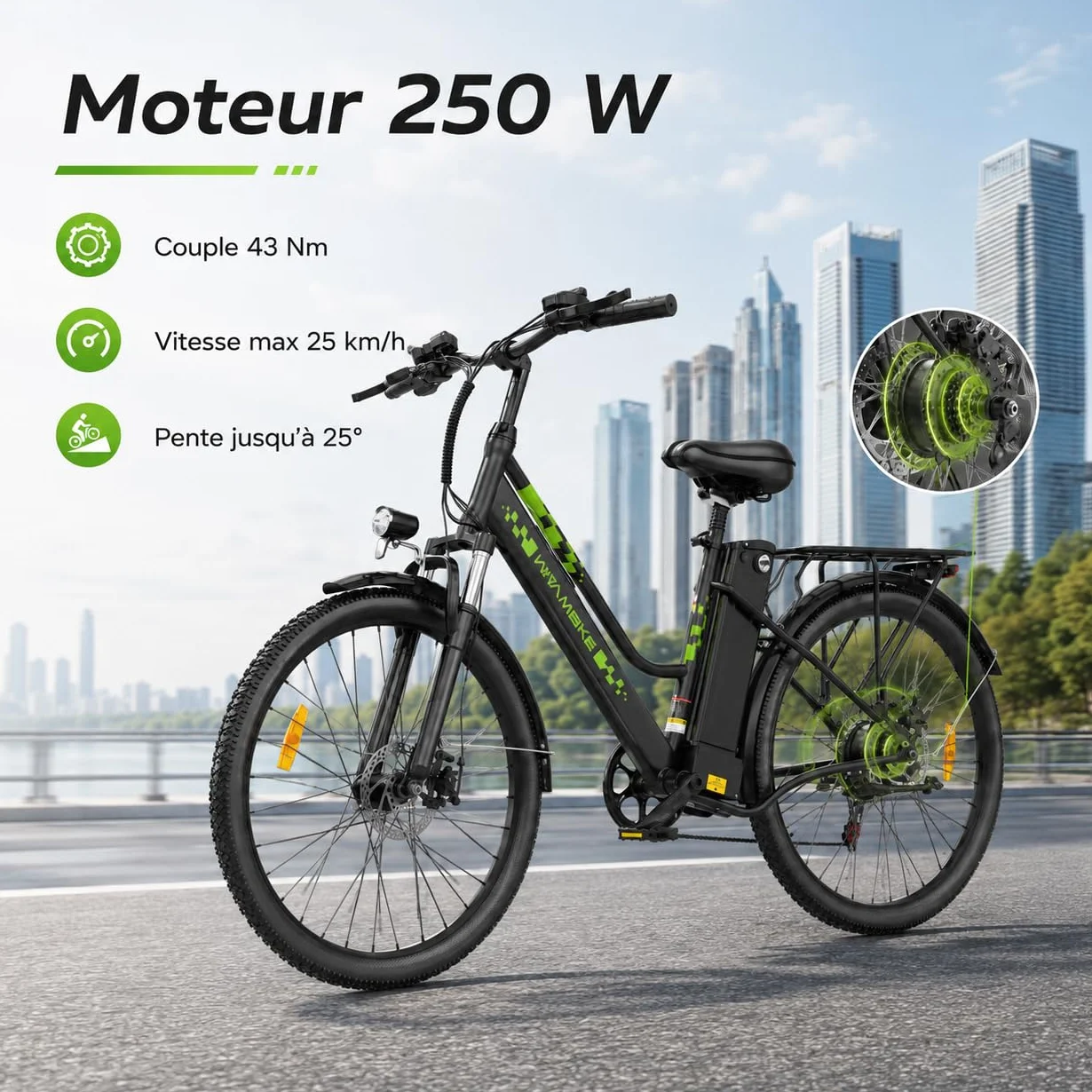 Vélo Électrique 26 Pouces 250W 36V 15Ah Batterie Amovible Smart Urban E-Bike Adulte
