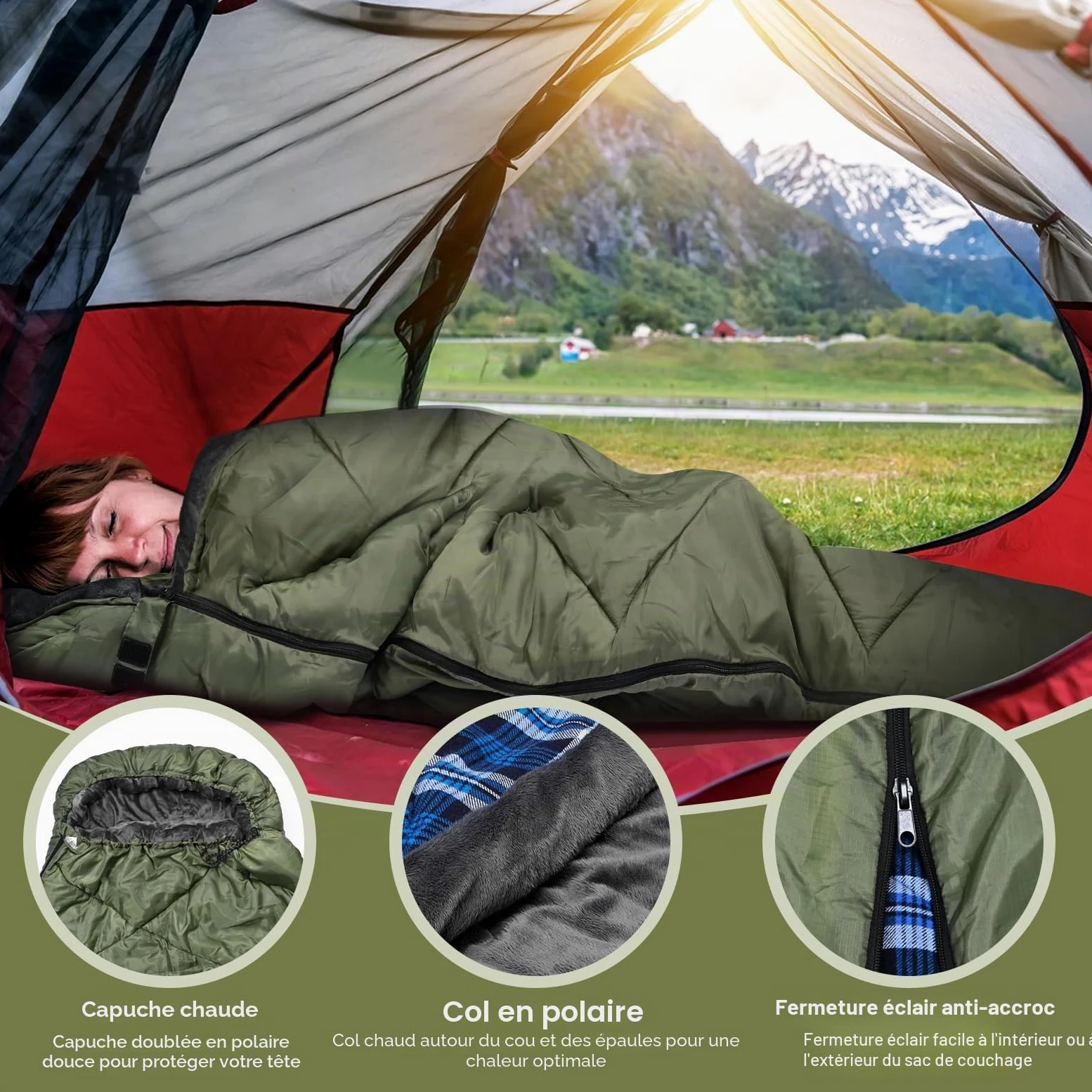 Sac de couchage en flanelle de coton avec capuche doublée en polaire, sac de couchage imperméable XL pour adultes, sac de couchage par temps froid, pour camping, randonnée ou randonnée, 3 à 4