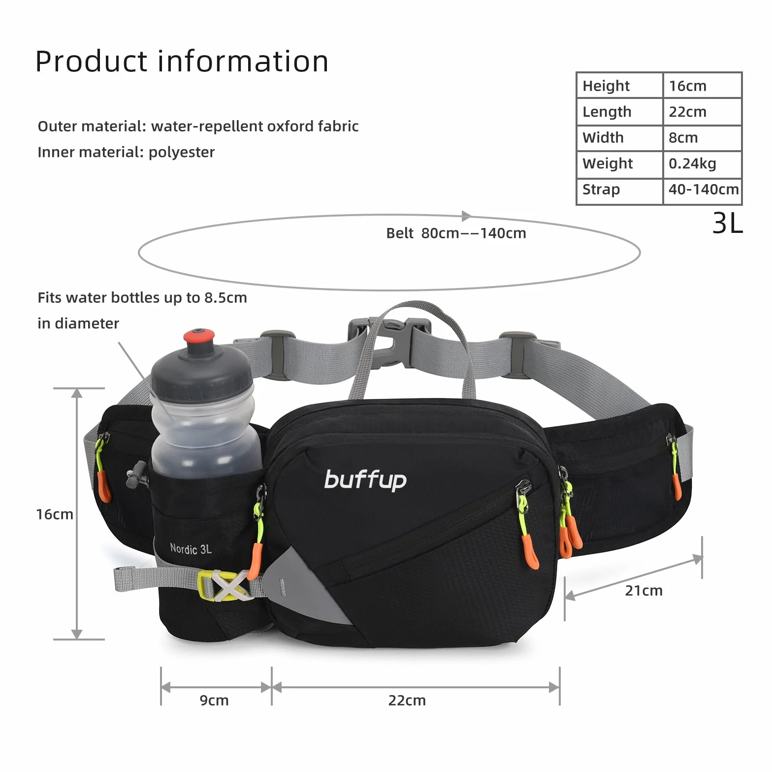 Sac Banane de Randonnée Femme Homme avec Pore Bouteille, Course à Pied, Vélo, Voyage Noir