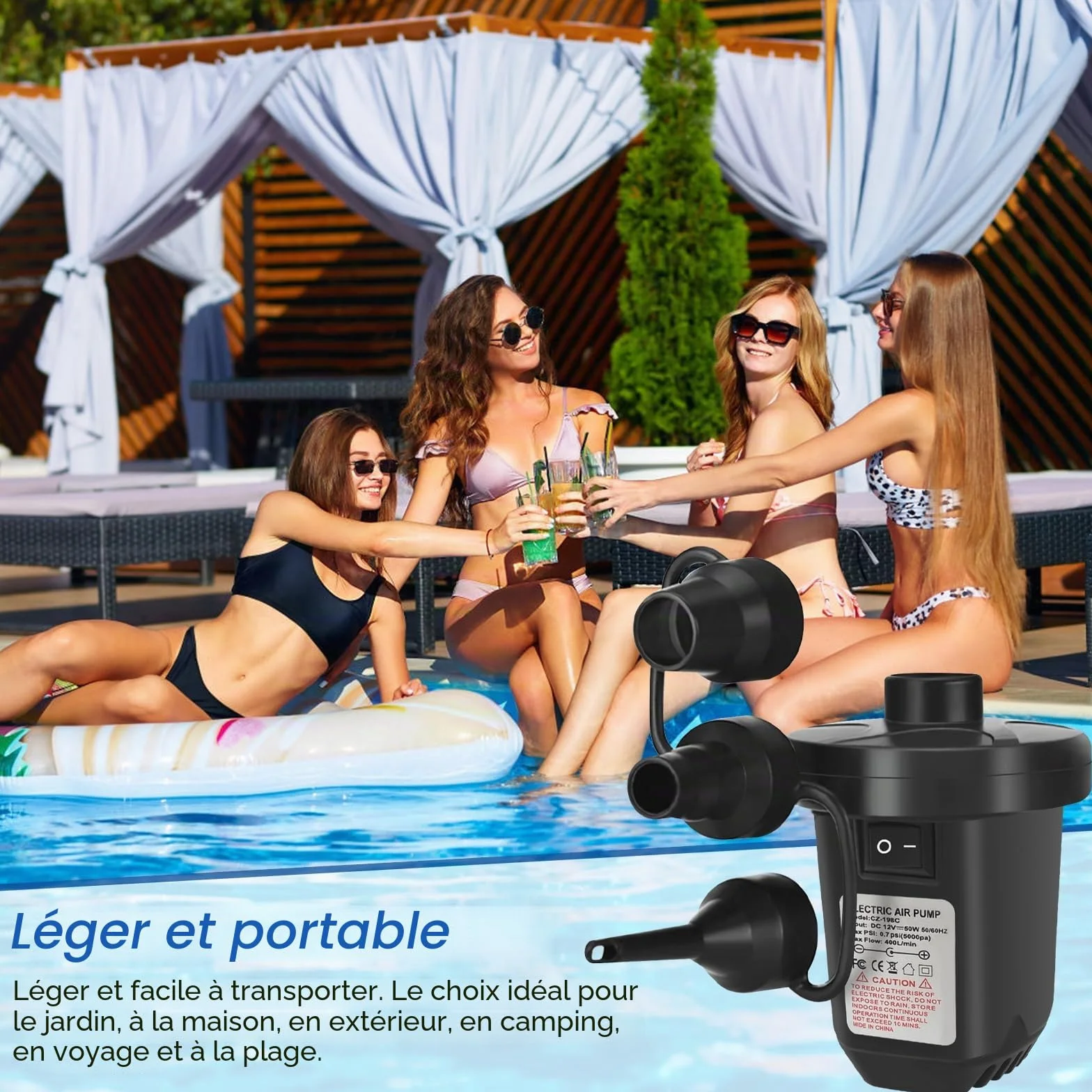 Pompe à air électrique Haute Puissance 220-240V 130W pour Matelas Gonflable Piscine Jouets de Plage avec 3 Buses