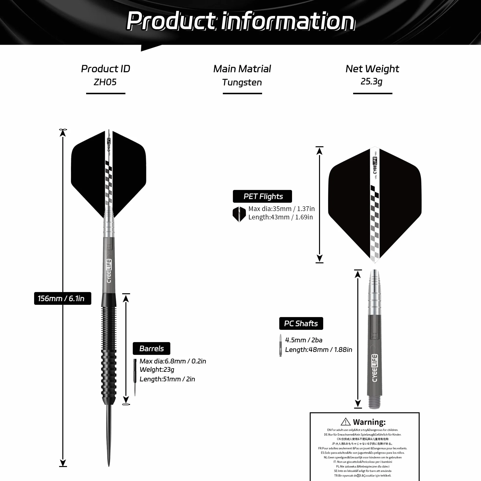 CyeeLife Lot de fléchettes professionnelles en tungstène 23 g avec pointe métal (Noir)