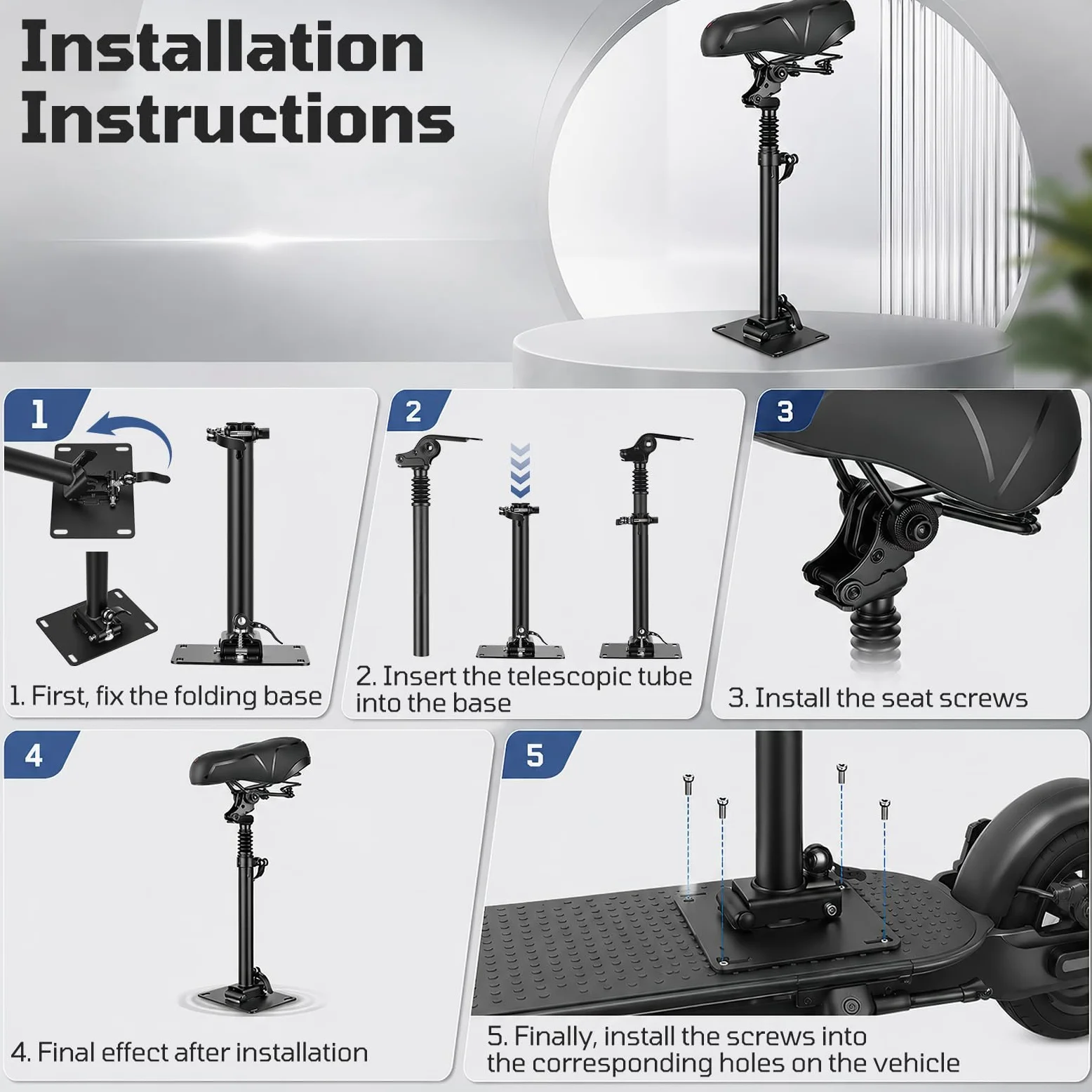 Siège Trottinette Électrique, Compatible avec Segway Ninebot F3/E3/E3Pro | Siège Pliable et Réglable en Hauteur pour Adultes Hauteur D'assise 45 à 65cm Amortisseur Portable avec Bandoulière