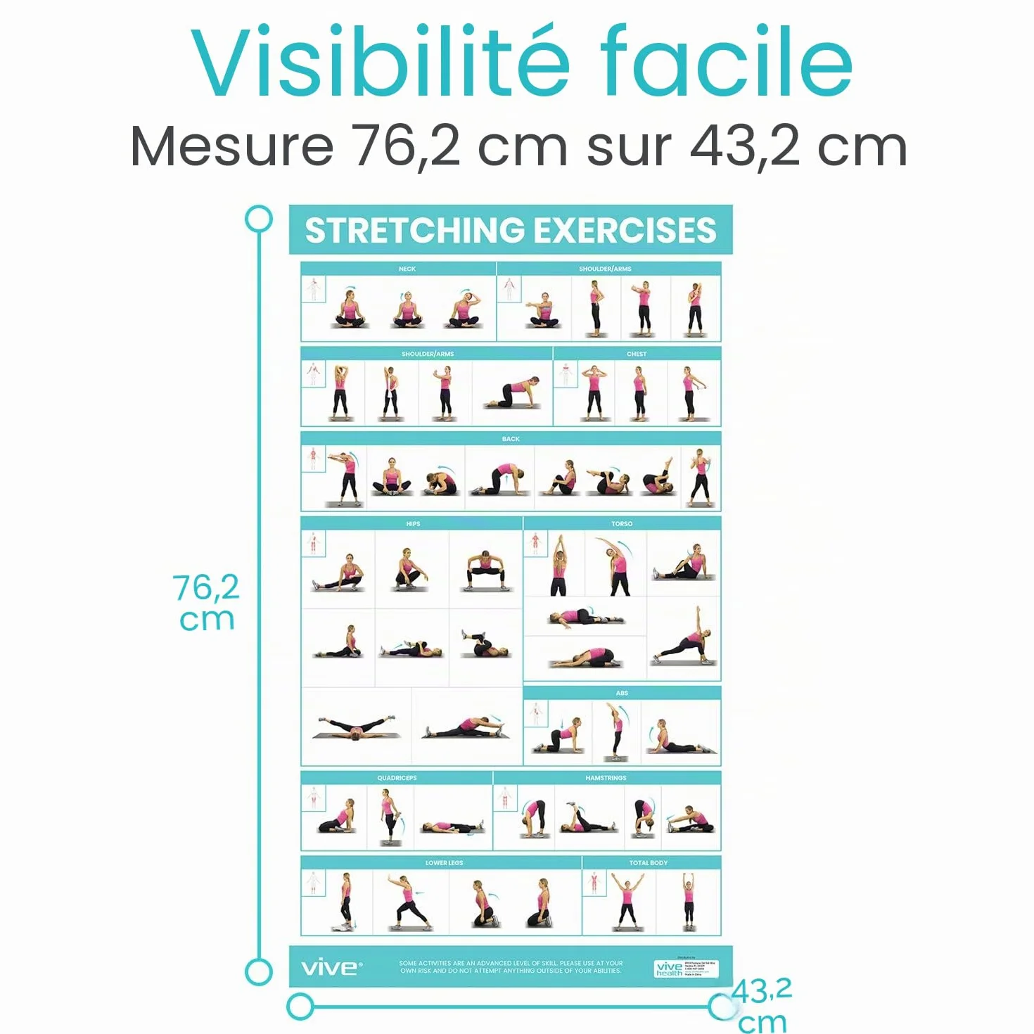 Vive Poster d'exercices d'étirement – Guide de fitness et rééducation – 52 exercices