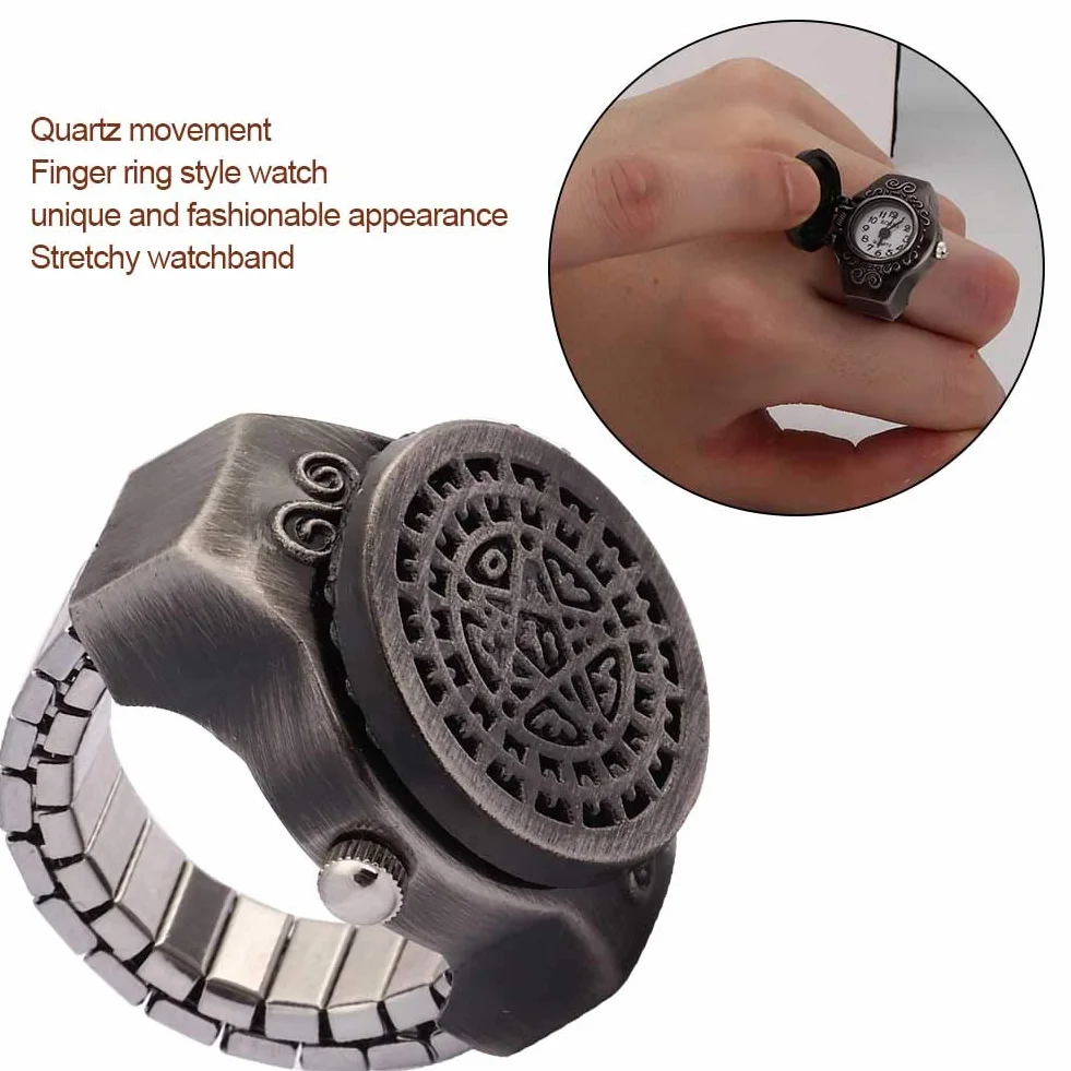 Pongnas Ring Watch Vintage Quartz Horloge à Doigt Flip Up Couvercle Hommes