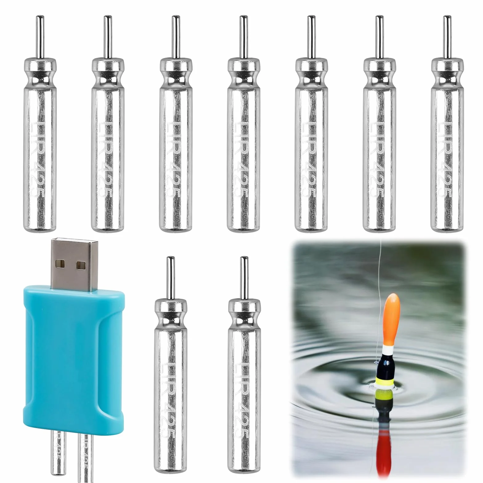Lot de 9 piles CR425 compatibles avec les flotteurs LED - Rechargeables - Pour cloches d'alarme de pêche et flotteurs de pêche - Avec chargeur et batteries