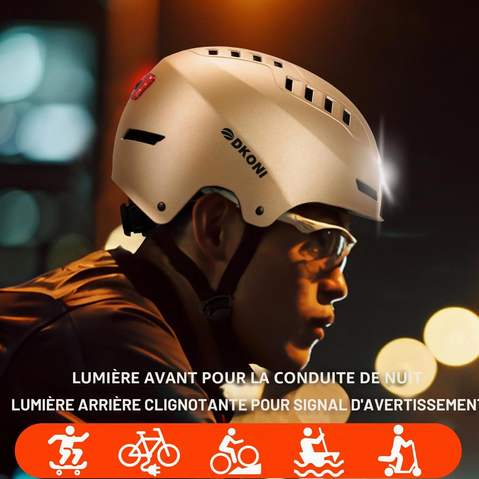 DKONI Casque de vélo avec lumières LED - Casque de vélo rechargeable par USB - Avec lumière LED avant et arrière - Pour homme et femme