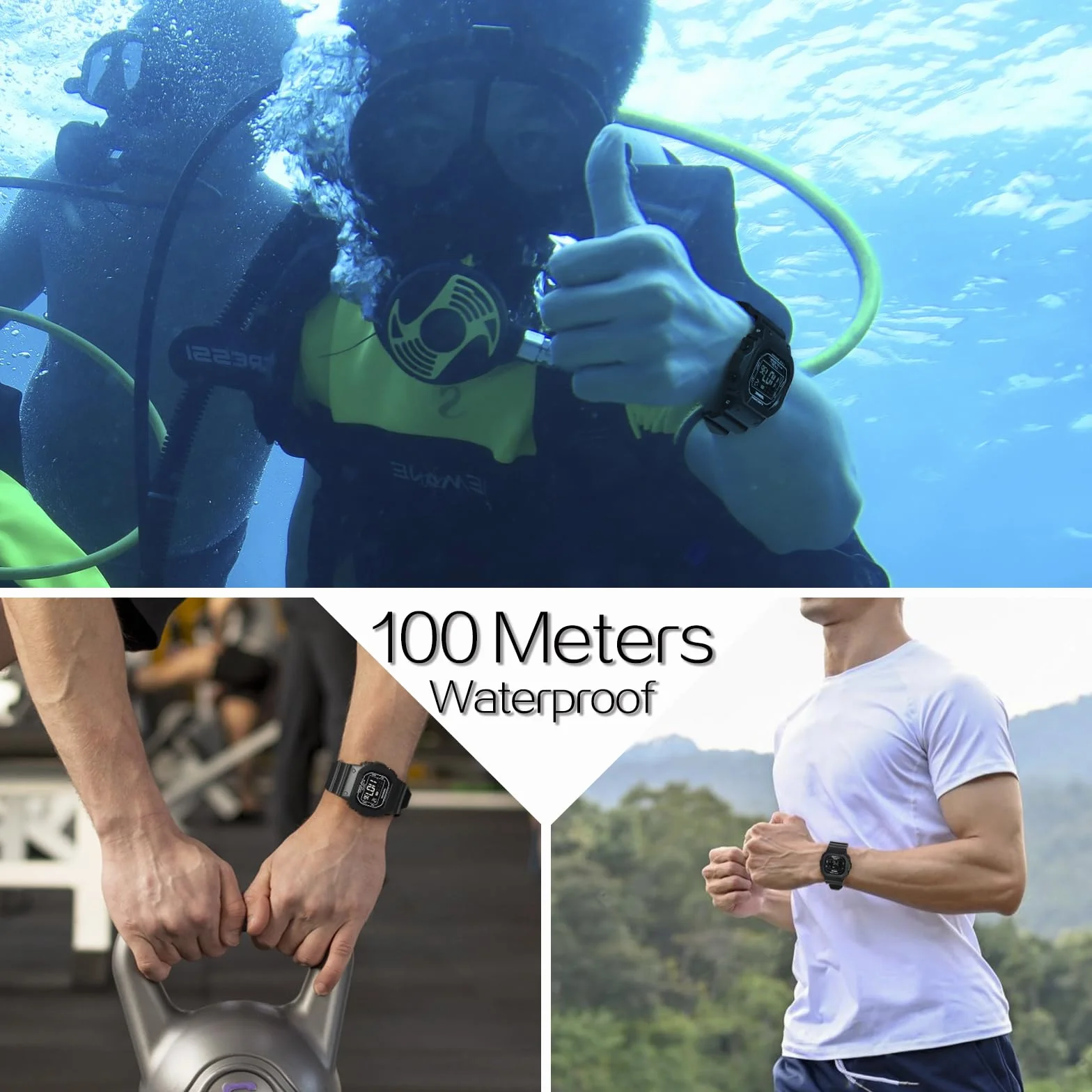 Montre Sport Résistant à l'Eau 10 ATM pour Natation Plongée avec Chronomètre et Calendrier
