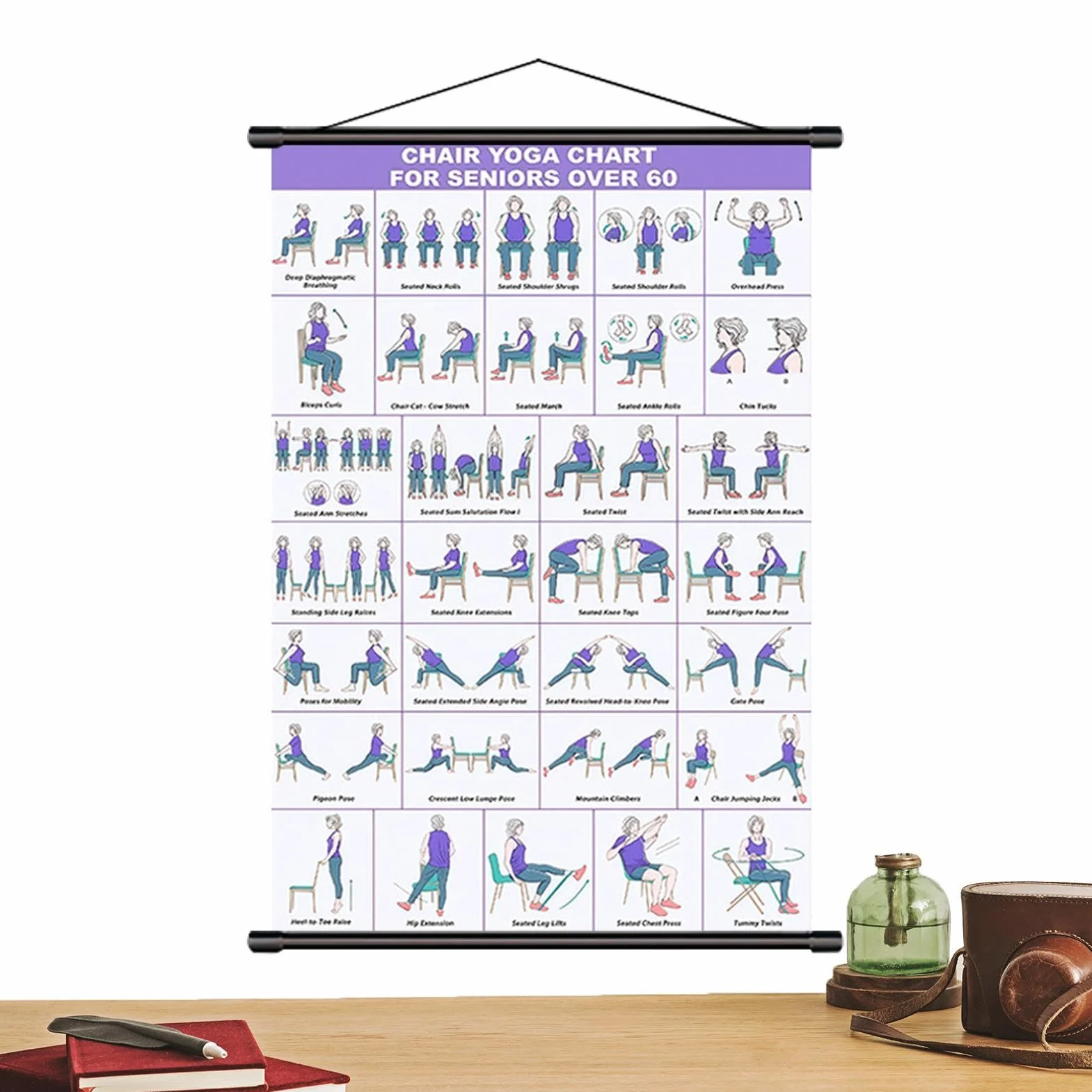 Tableau d'entraînement sur chaise de yoga 40 x 60 cm guide d'exercices affiche pliable en tissu