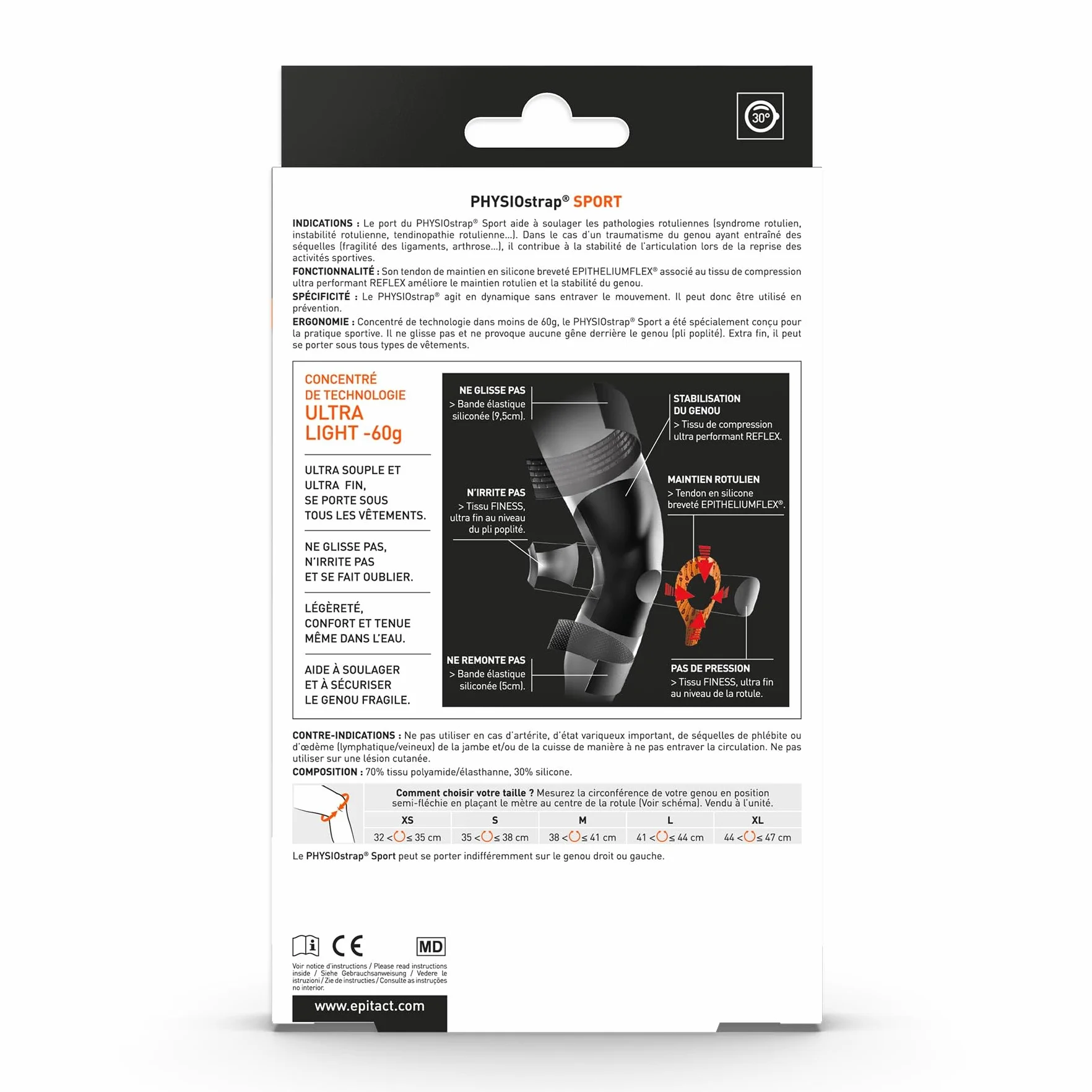Epitact Genouillère Sport PHYSIOstrap® Syndrome Rotulien Tendinite Arthrose Fine Légère M