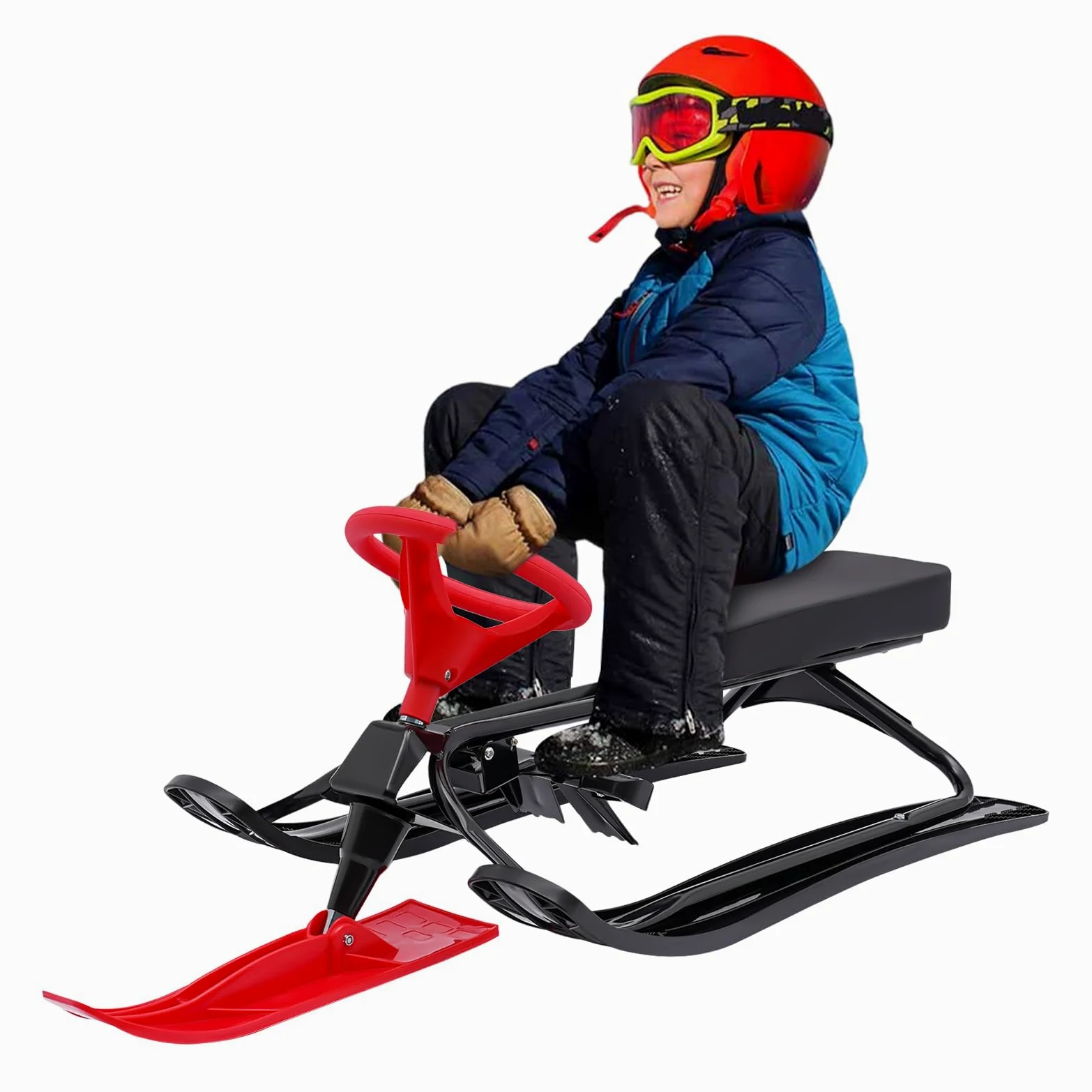 Snow Racer Sled - 114 × 50 × 38 cm - Avec freins à double pied - Guidon flexible et pédales antidérapantes - Luge à neige robuste pour enfants de 3 à 15 ans et adultes jusqu'à 100 kg