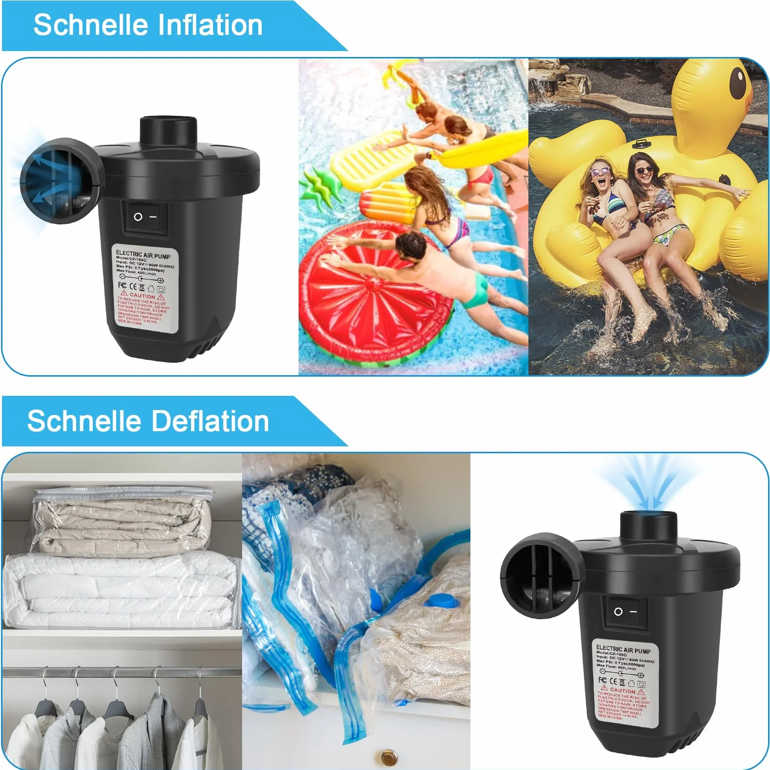 Pompe à air électrique Haute Puissance 220-240V 130W pour Matelas Gonflable Piscine Jouets de Plage avec 3 Buses