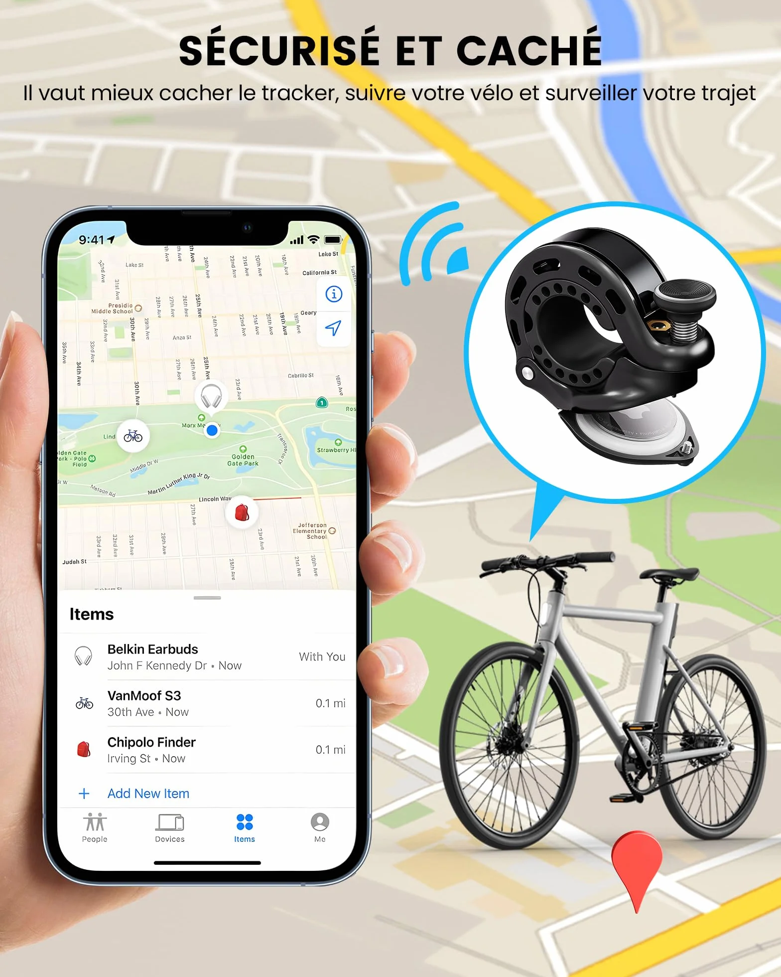 RAVEMEN Q2 Sonnette de Vélo Compatible AirTag 110 DB Antivol Support Guidon 22,2-31,8 mm