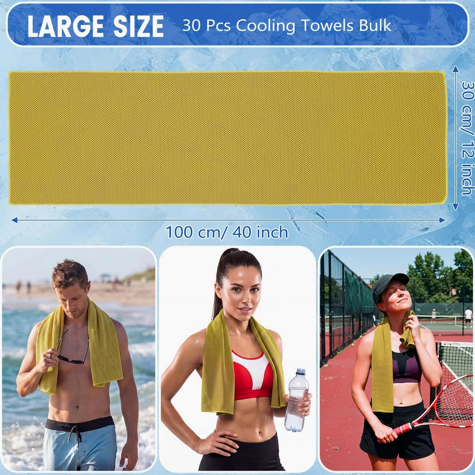 Lot de 30 Serviettes rafraîchissantes 40" x 12" pour Le Cou,Douces et Respirantes,en Microfibre,idéales pour Le Yoga,Le Sport,la Course à Pied,la Salle de Sport,Le Camping et Le Fitness (Jaune)