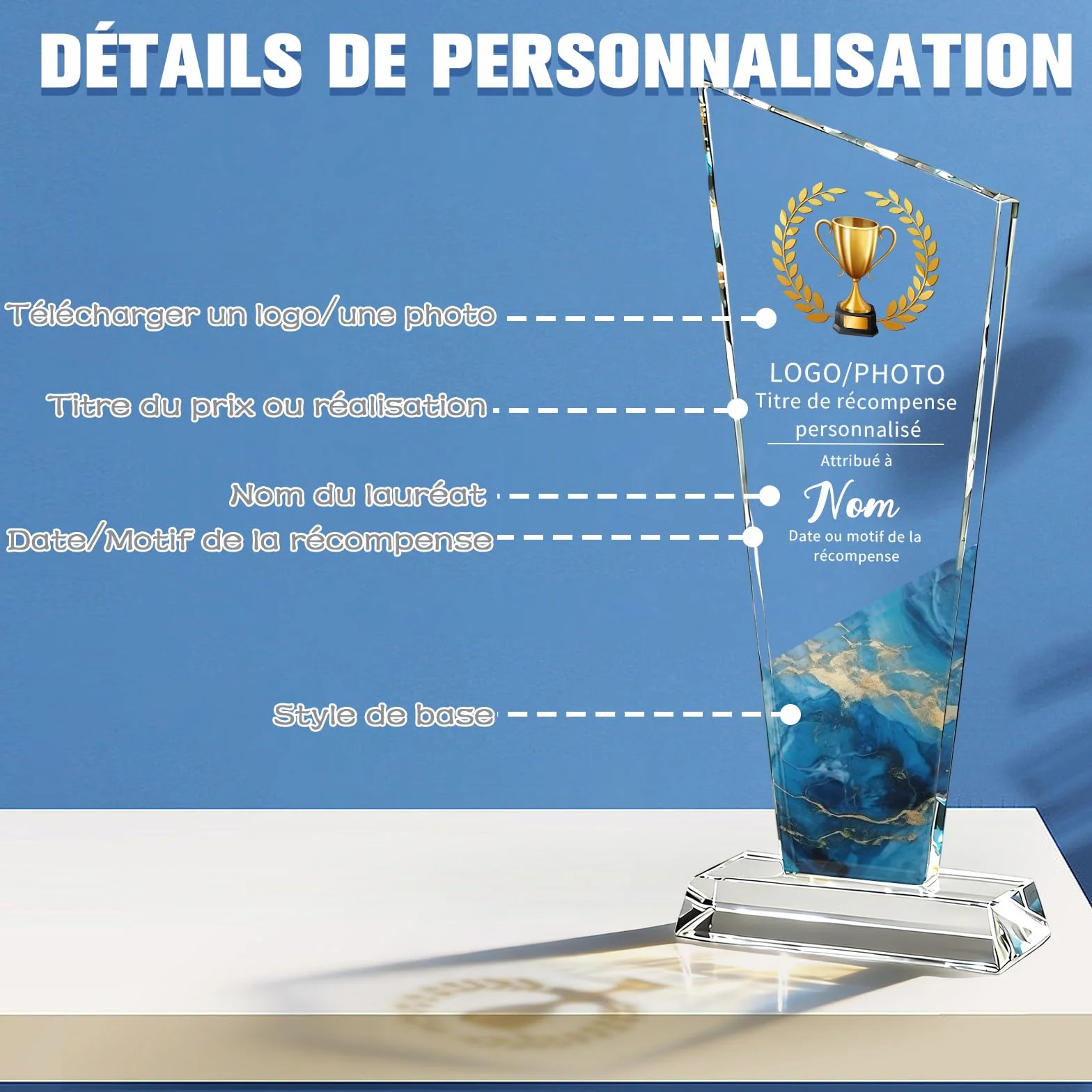WBW Trophée Personnalisé en Cristal K9 avec Logo Photo et Texte Plaque Gravée Personnalisée 10–20 cm, Récompense en Cristal pour Employé du Mois Anniversaire Retraite Football