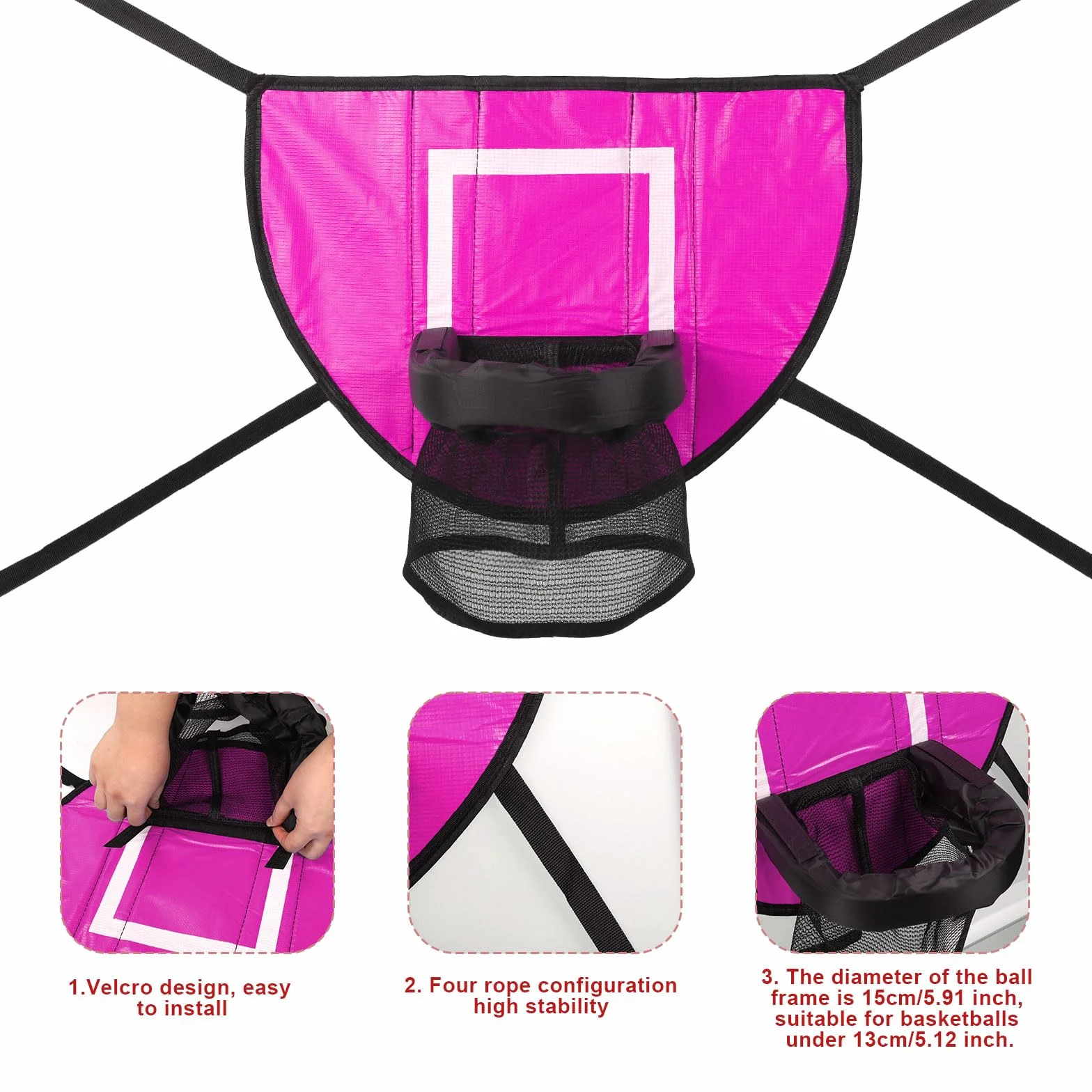 Ensemble de Fixation Panier Basket-Ball Trampoline avec 3 Mini Ballons et Pompe, Rose