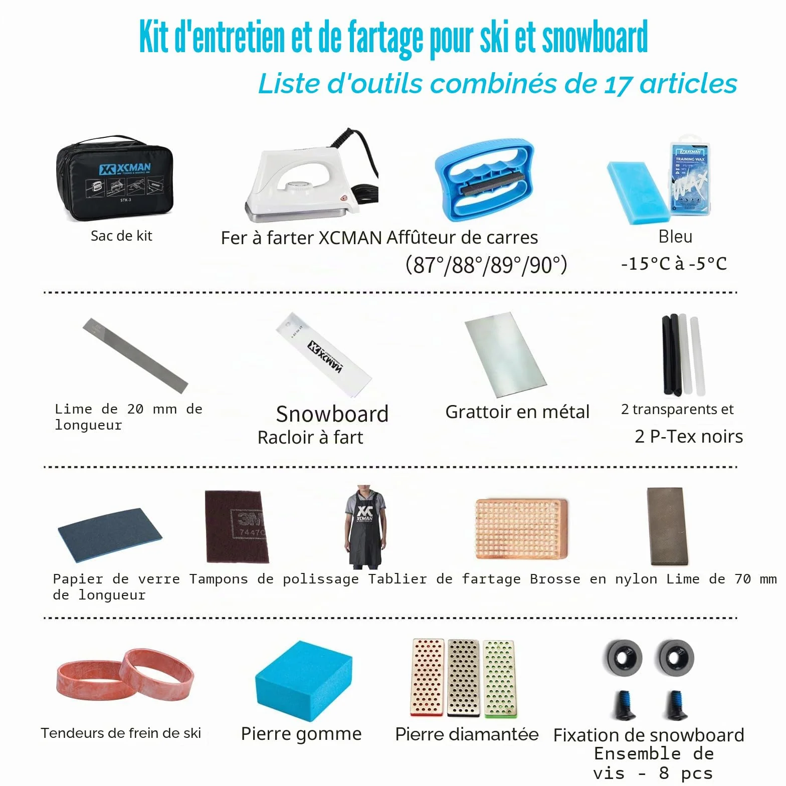 XCMAN Kit de ski et snowboard avec fer à repasser en cire, cire, tuner de bords, PTEX
