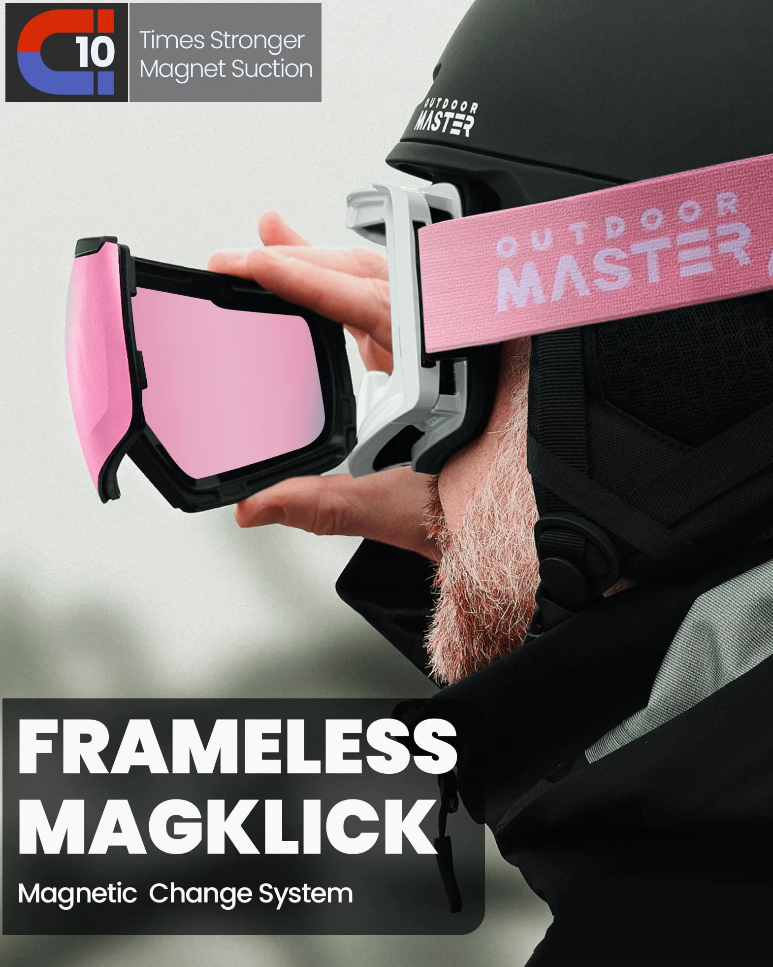 OutdoorMaster Heron Lunettes de ski à 2 verres, sans monture, interchangeables magnétiquement HD Toric Lens, lunettes de snowboard OTG pour hommes & femmes, 100% protection UV Snow Goggles