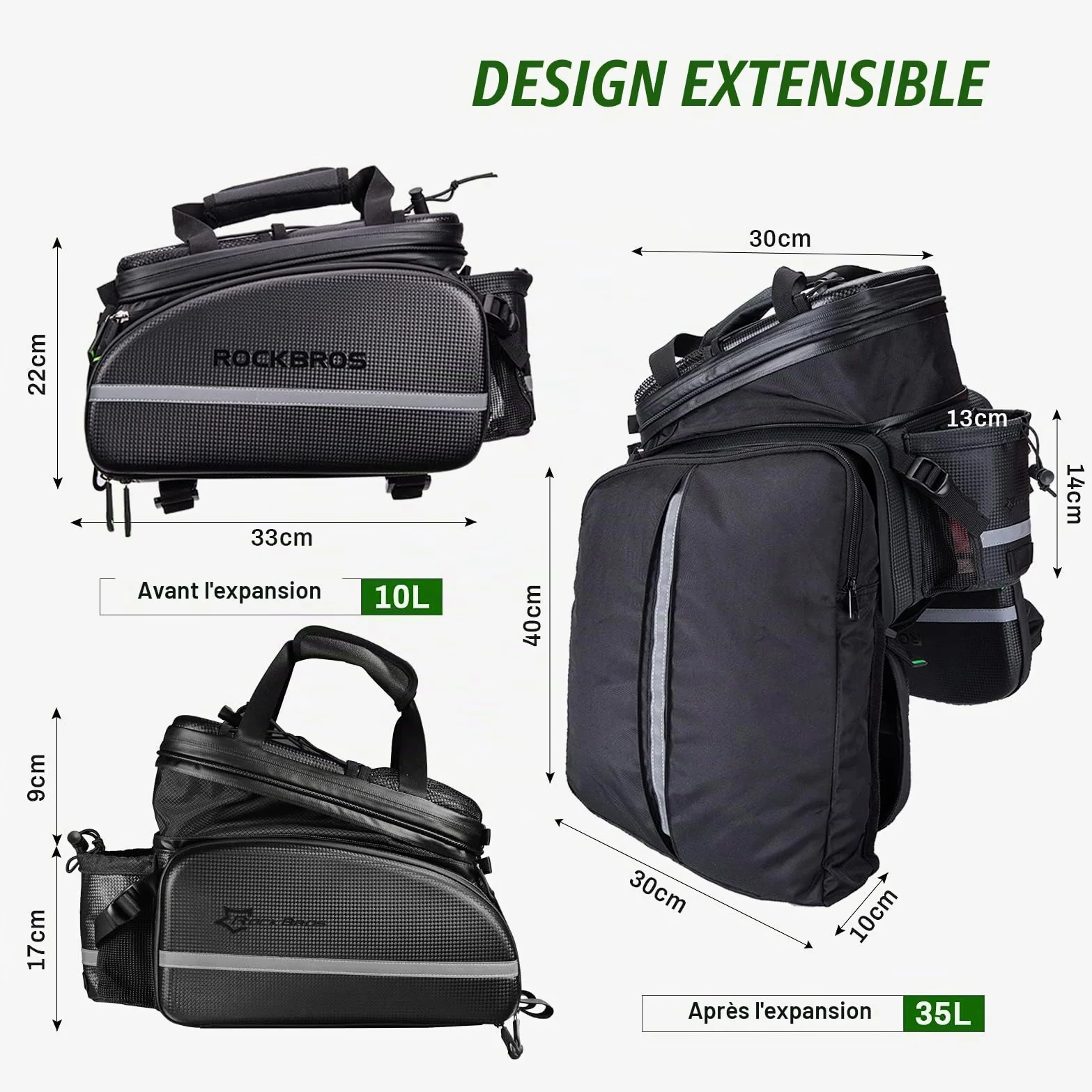 ROCKBROS Sacoche de Vélo Arrière Porte-Bagages Sac de Rangement Arrière de Transport pour Vélo de Route VTT Pliable 17-35L Portable Étanche avec Housse de Pluie Noir | Design 2 en 1, avec bretelles et porte-bouteille d'eau, bandes réfléchissantes, noir