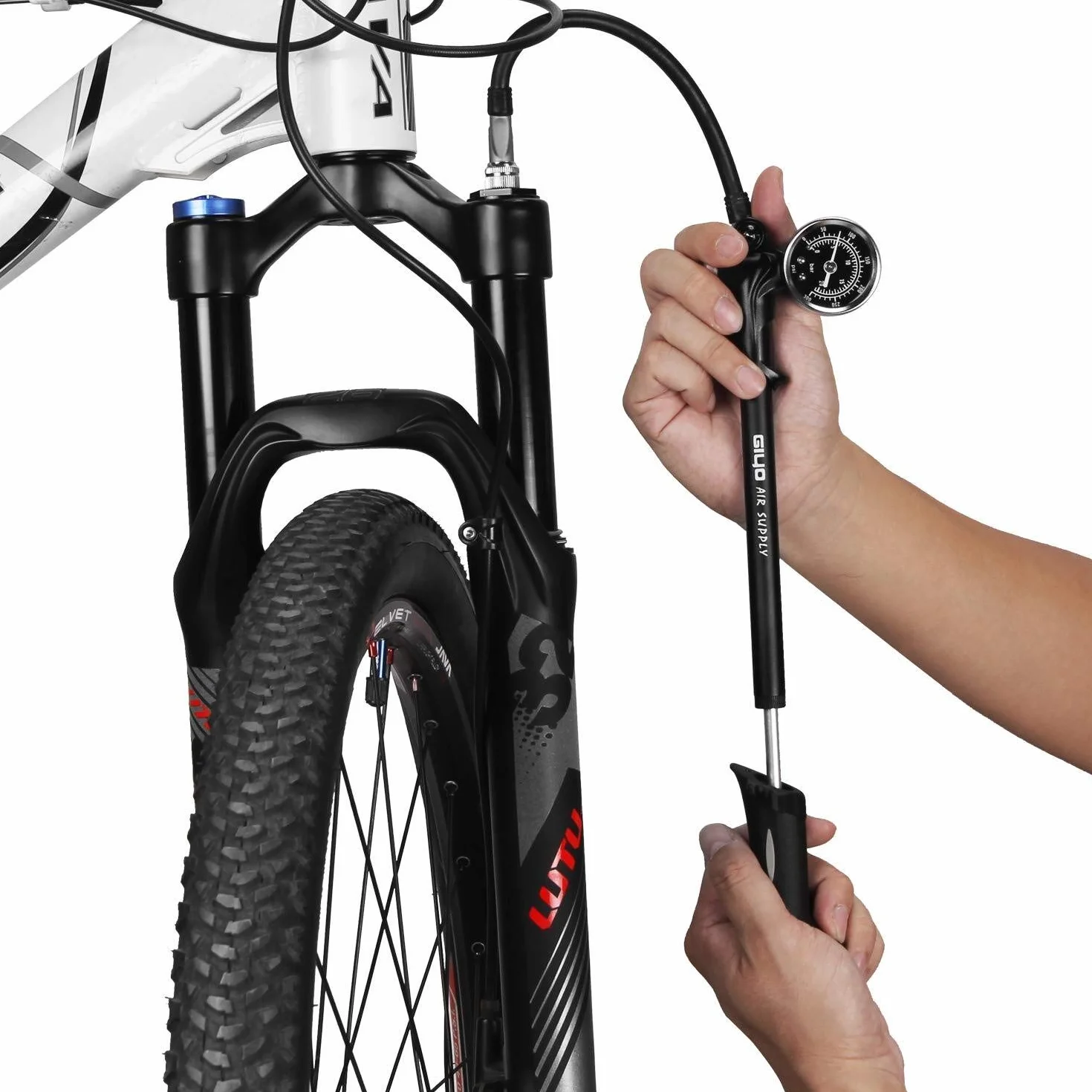 Pompe à chocs haute pression 300 PSI pour fourche suspension arrière levier verrouillage buse sans perte d'air Noir