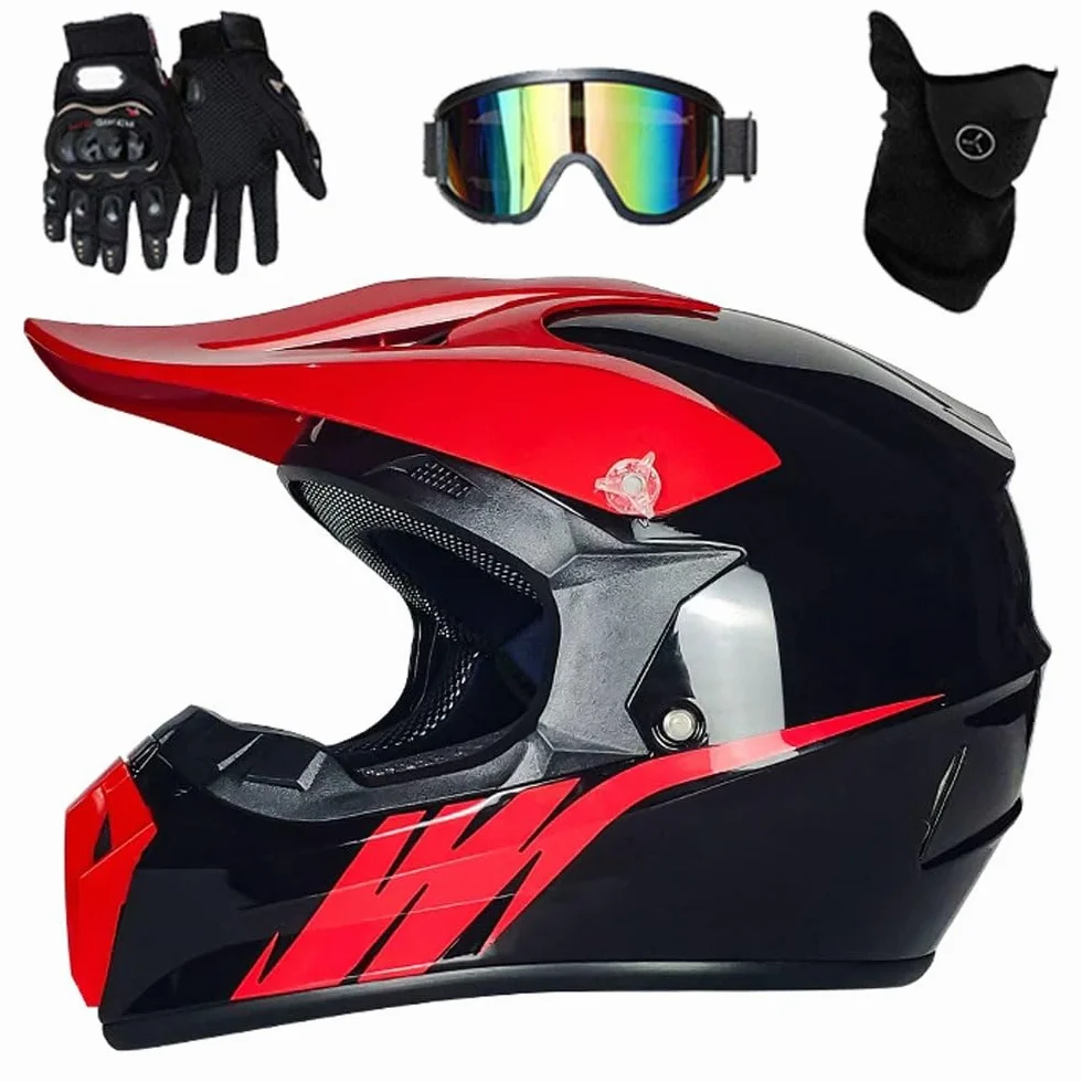 Casque Moto Hors Route Enfant avec Gants Lunettes Masque, MTB VTT BMX Descente Cross, Unisexe