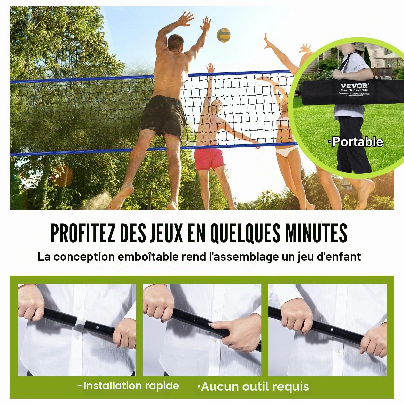 VEVOR Filet de Volley-Ball Portable d'Extérieur, Poteaux en Acier Réglable, Ensemble avec Ballon PVC, Pompe et Sac